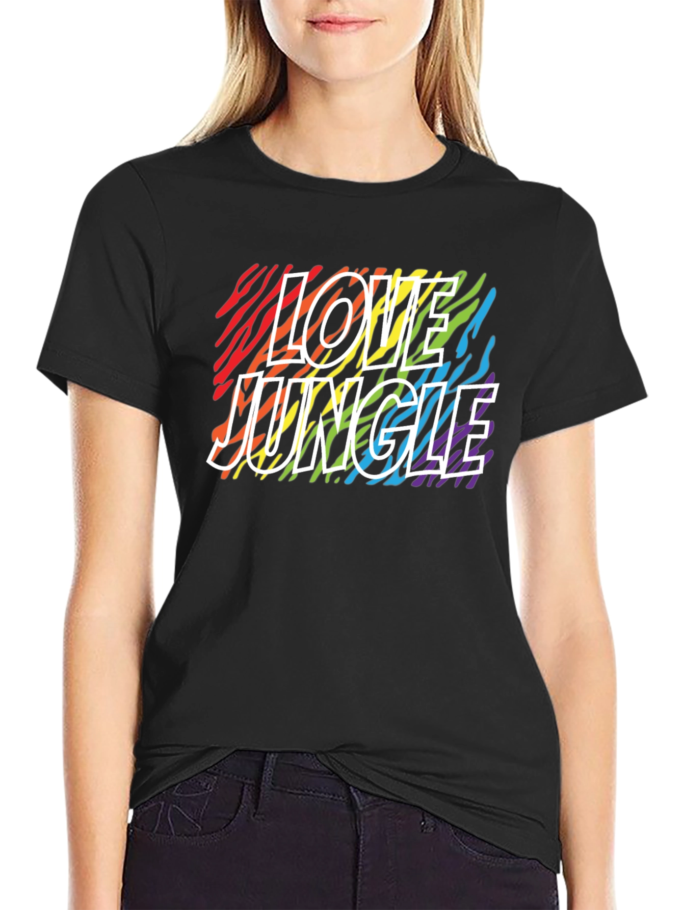 Black Love Jungle Rainbow Zebra Print Black T-Shirt view 2
