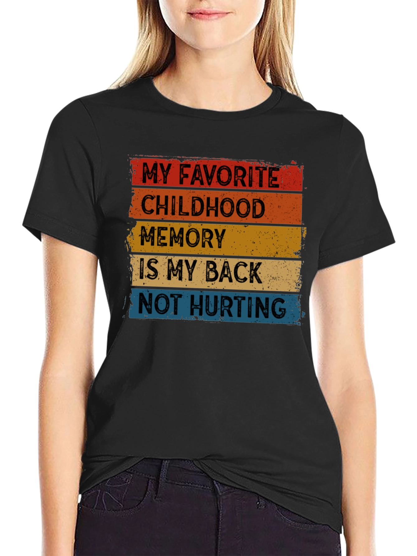 Black Funny Back Pain T-Shirt - "Childhood Memory" view 2
