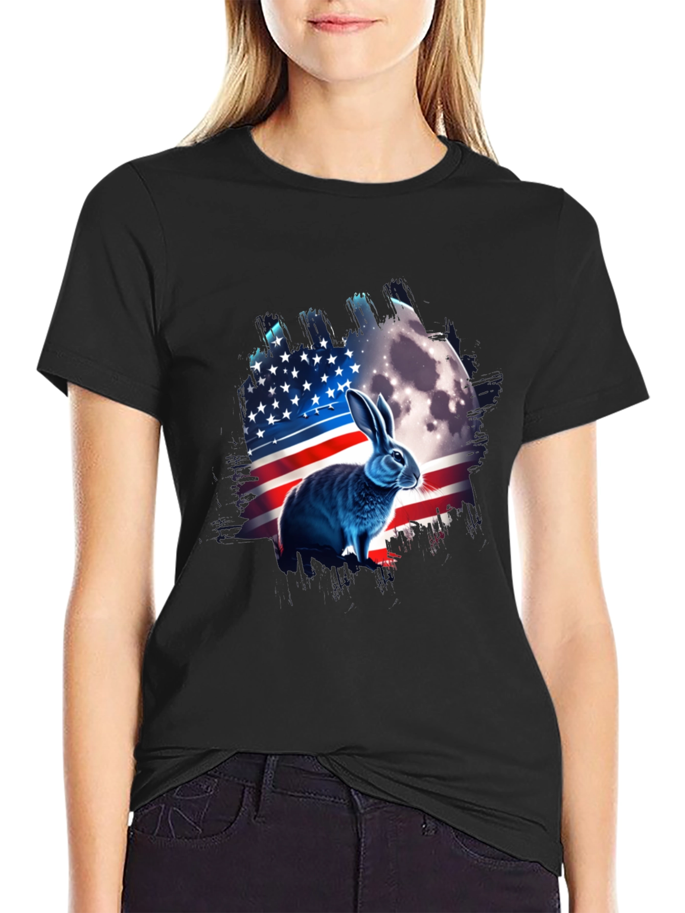Black Patriotic Rabbit USA Flag T-Shirt view 2
