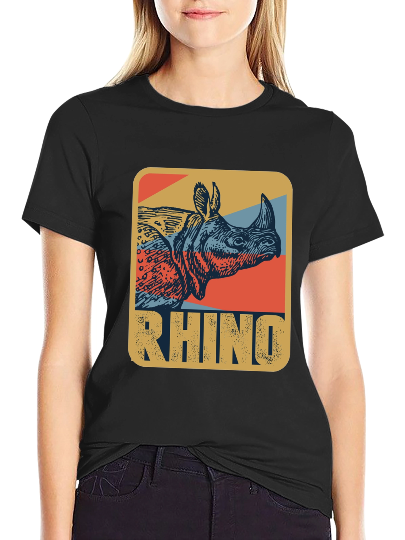 Black Retro Rhino Graphic T-Shirt - Cool Wildlife Tee view 2