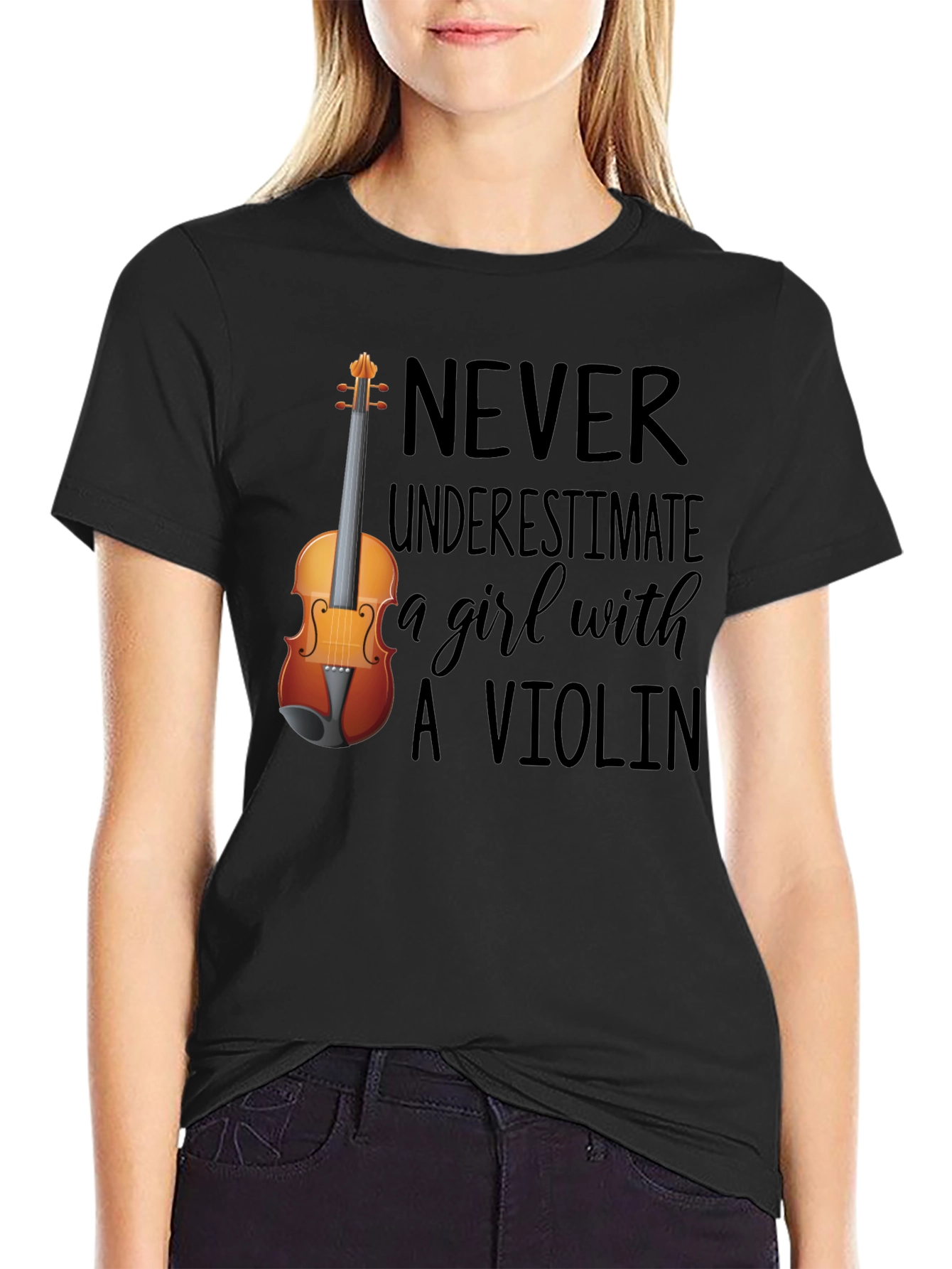 Black Never Underestimate a Girl with A Violin Tee view 2