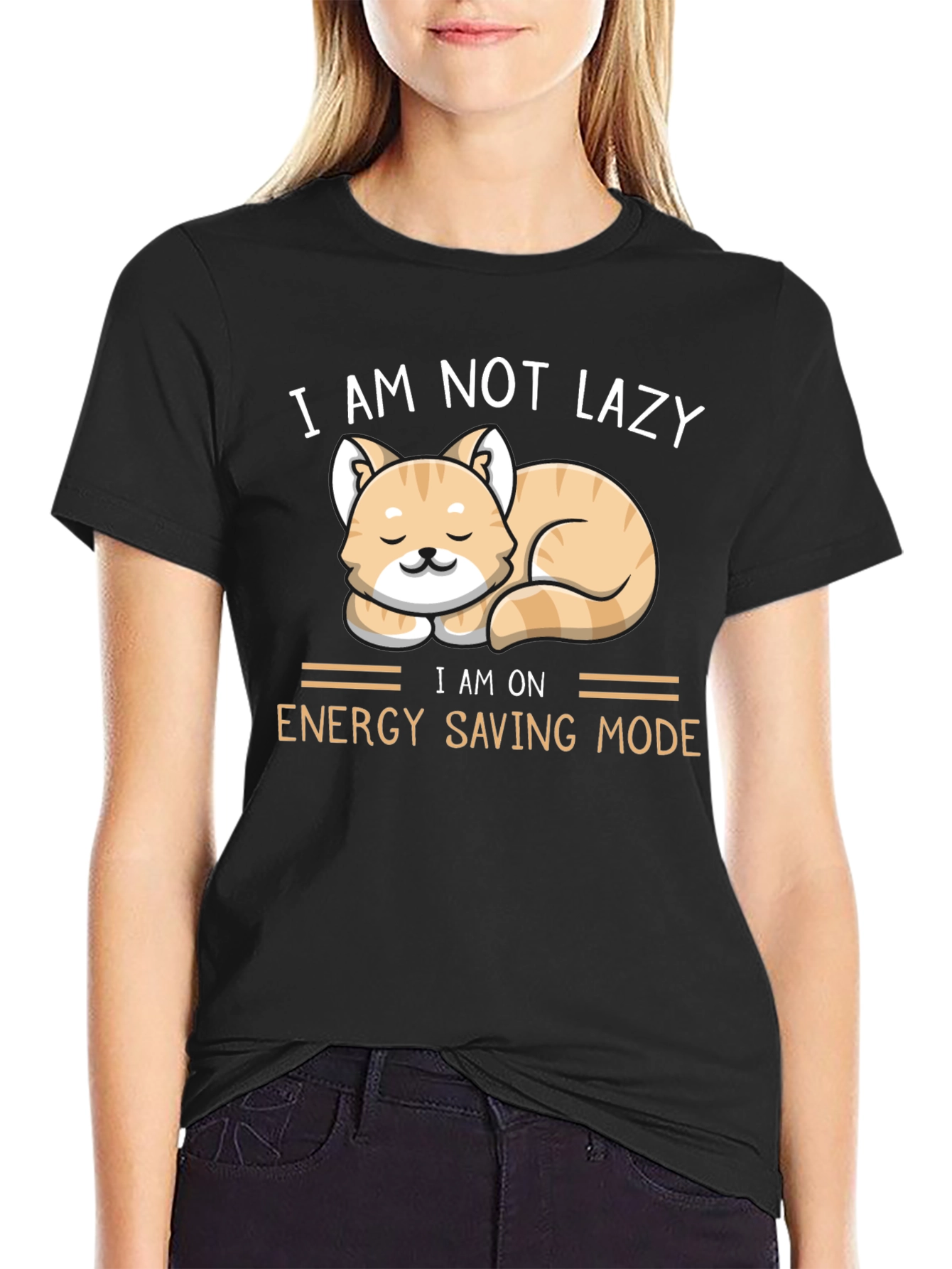 Black Funny Cat Energy Saving Mode T-Shirt view 2