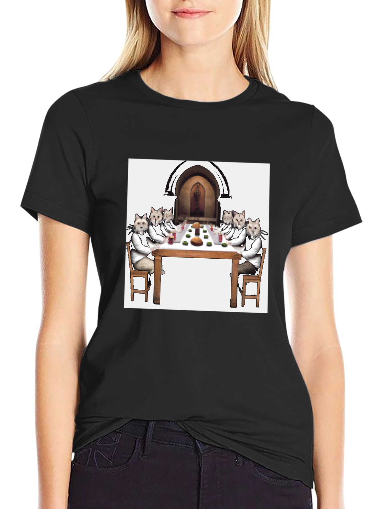 Black Cat Supper Black T-Shirt - Unique Feline Dinner Party Design view 2
