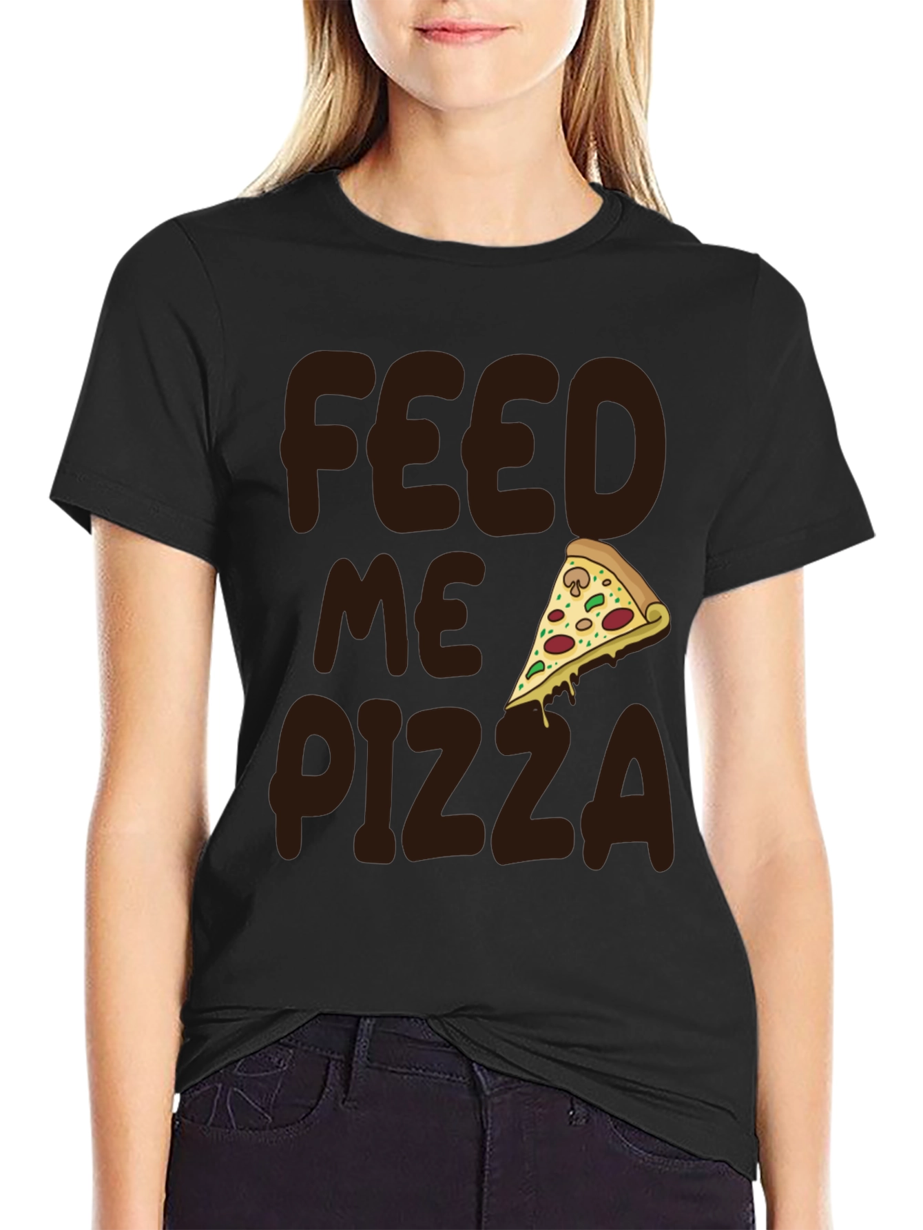 Black Feed Me Pizza Graphic Tee - Funny Food Lover Shirt view 2