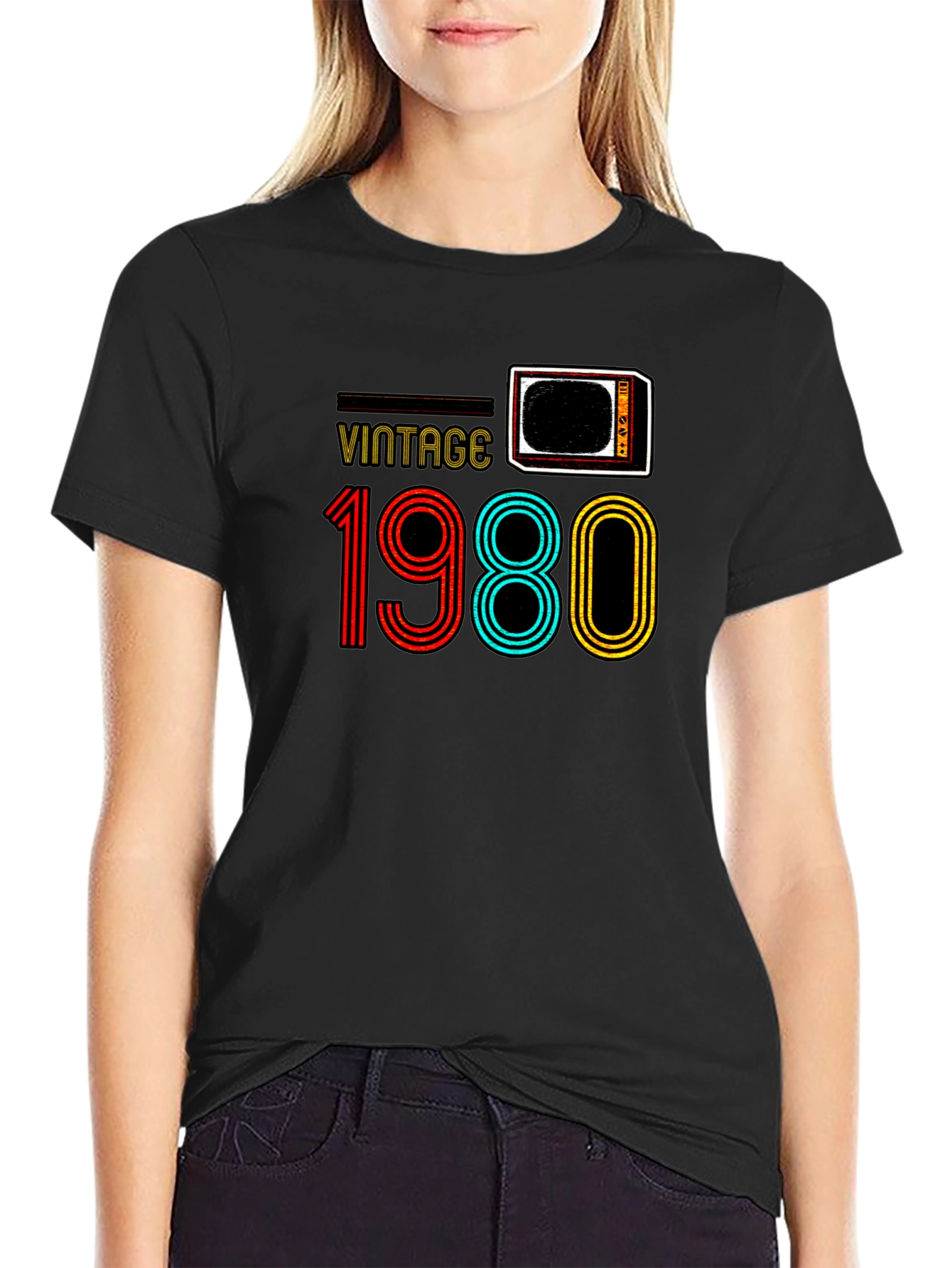 Black Vintage 1980 Retro TV T-Shirt view 2