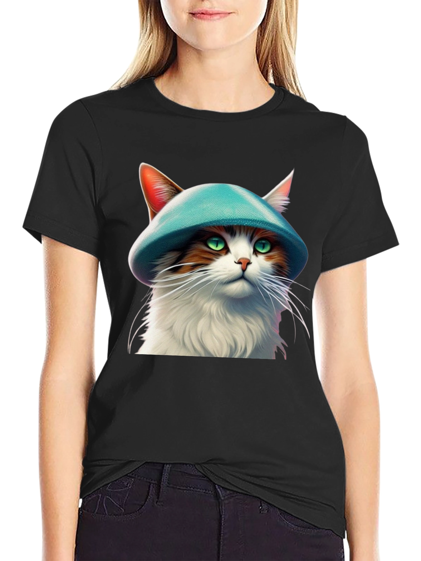 Black Cat with Hat Graphic T-Shirt view 2