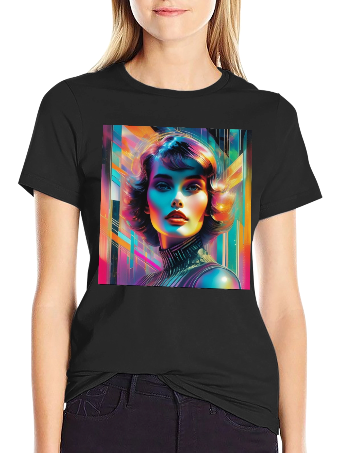 Black Vivid Retro Woman Graphic Tee - Modern Art Style view 2