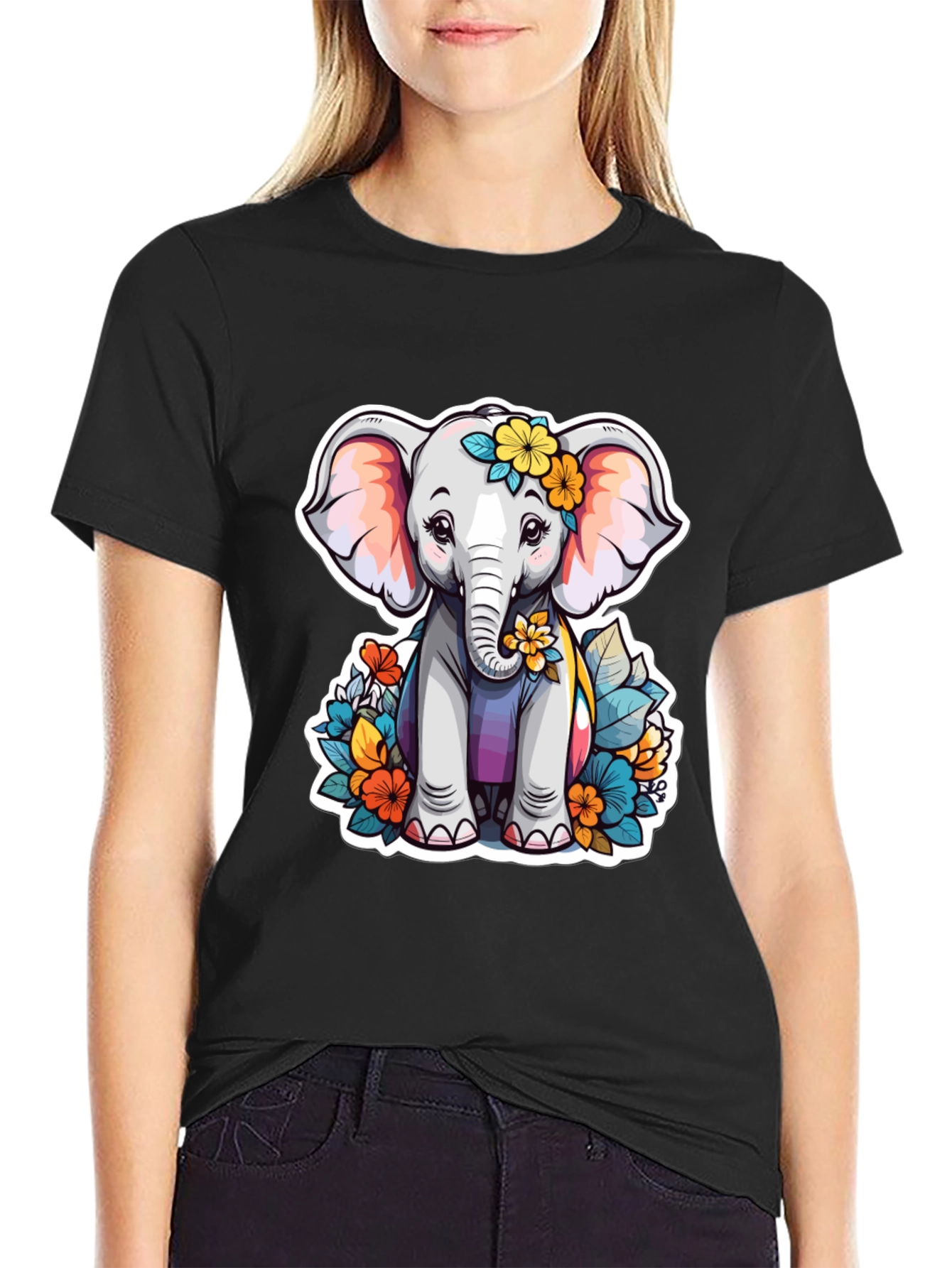 Black Cute Elephant Floral T-Shirt - Unisex Black Tee view 2