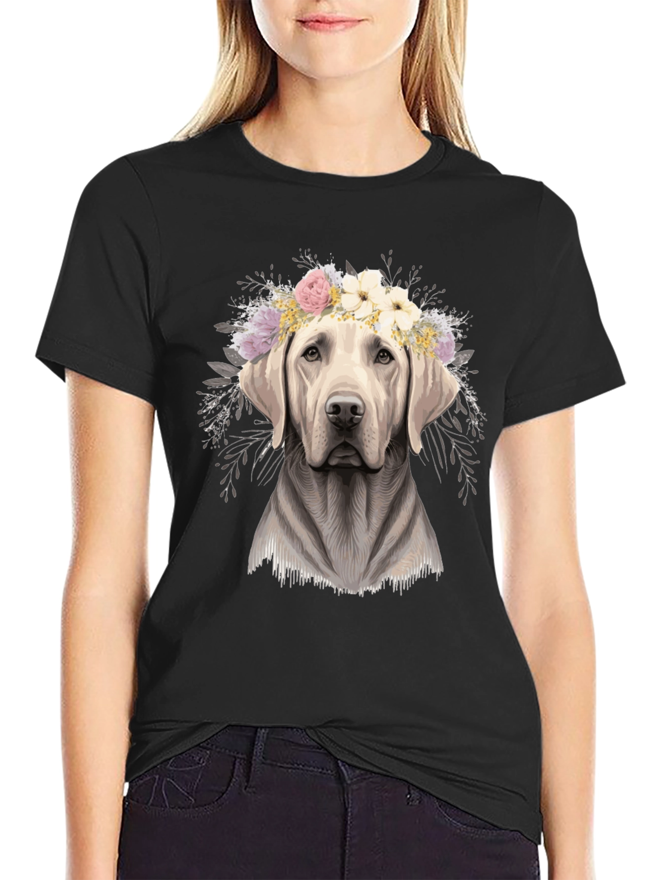 Black Dog with Flower Crown Graphic Tee - Black view 2
