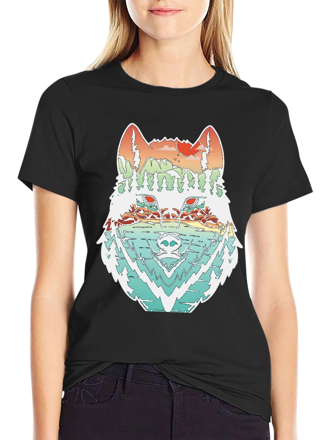 Black Nature Wolf Graphic Tee - Unisex Black T-Shirt view 2
