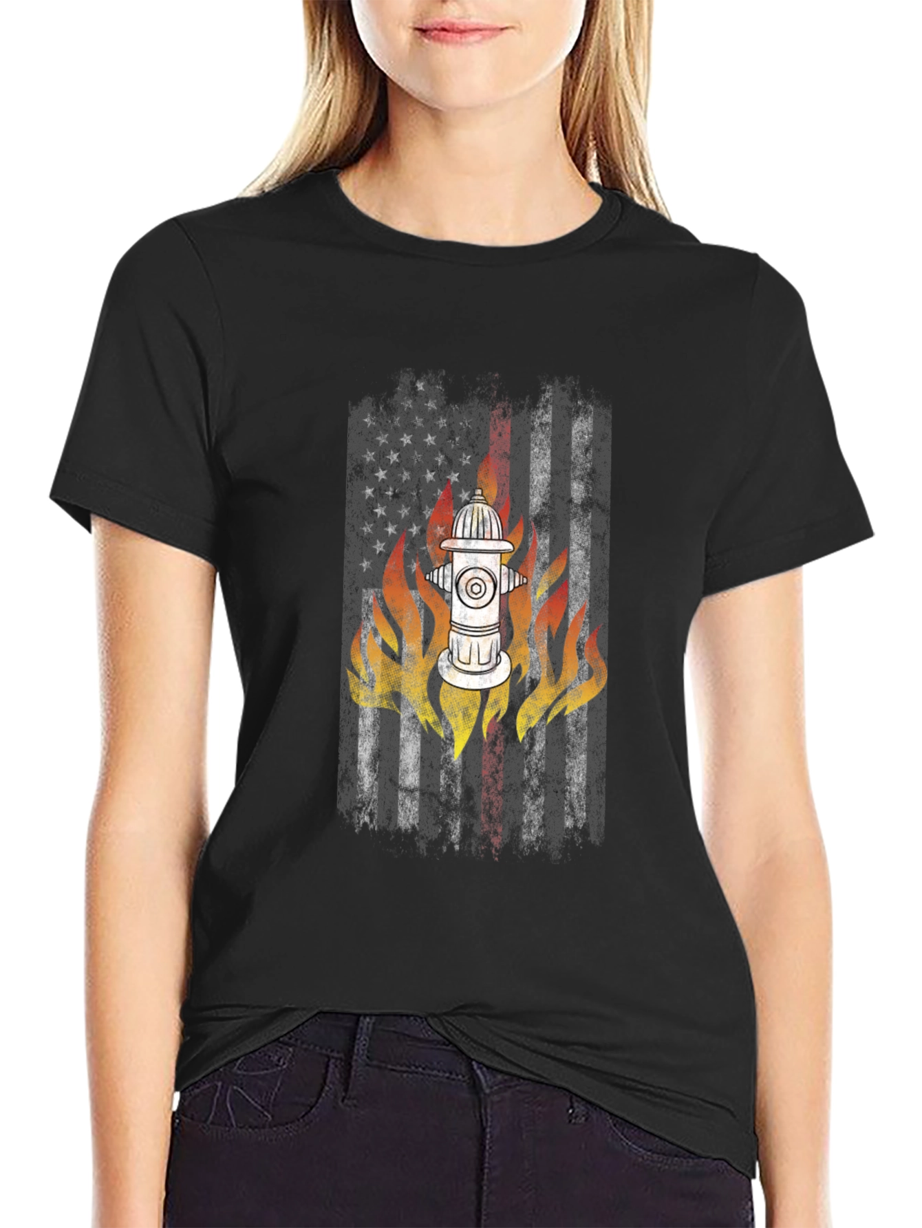 Black Firefighter USA Flag Hydrant T-Shirt view 2