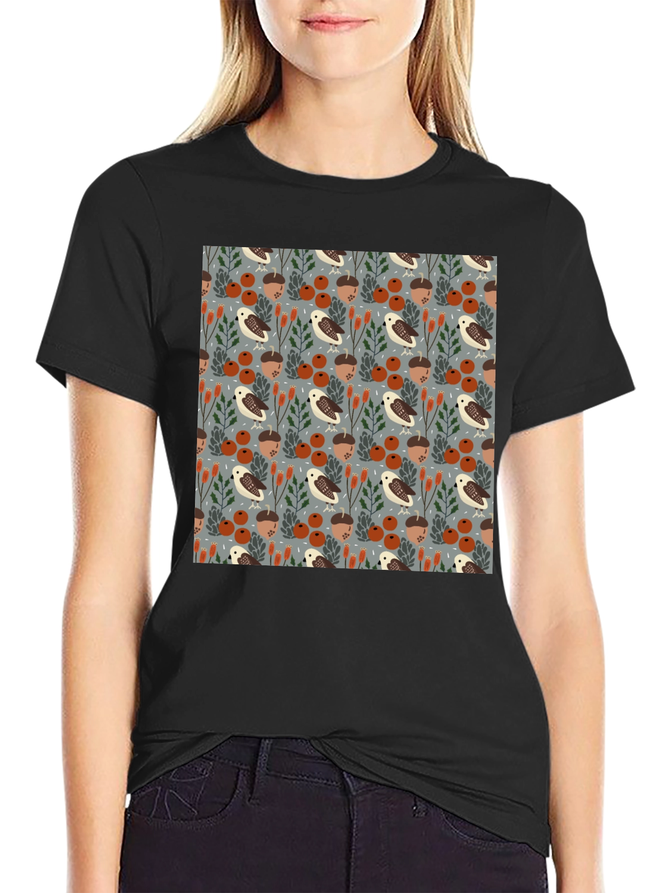 Black Autumnal Forest Pattern T-Shirt view 2
