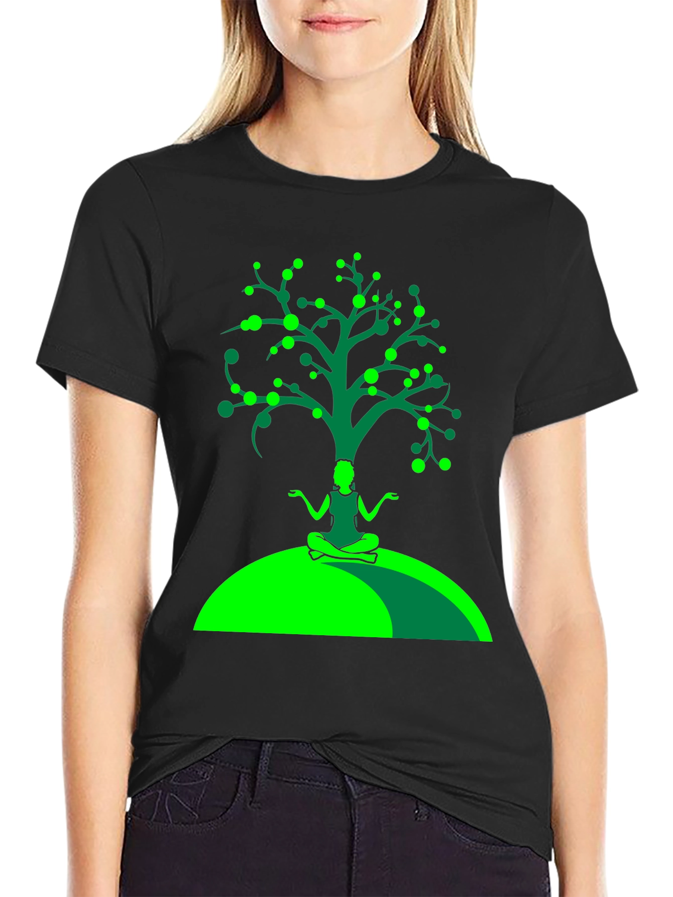 Black Yoga Tree Graphic Tee - Black Cotton T-Shirt view 2