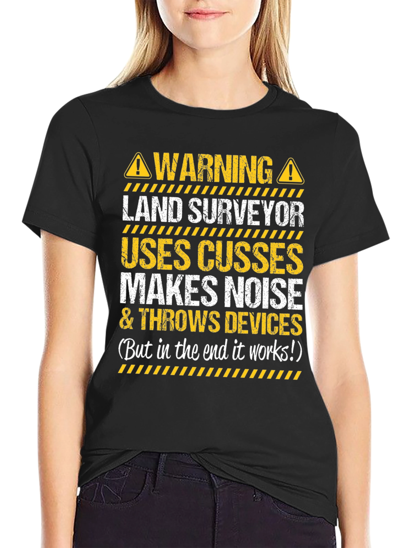 Black Warning Land Surveyor Funny T-Shirt view 2