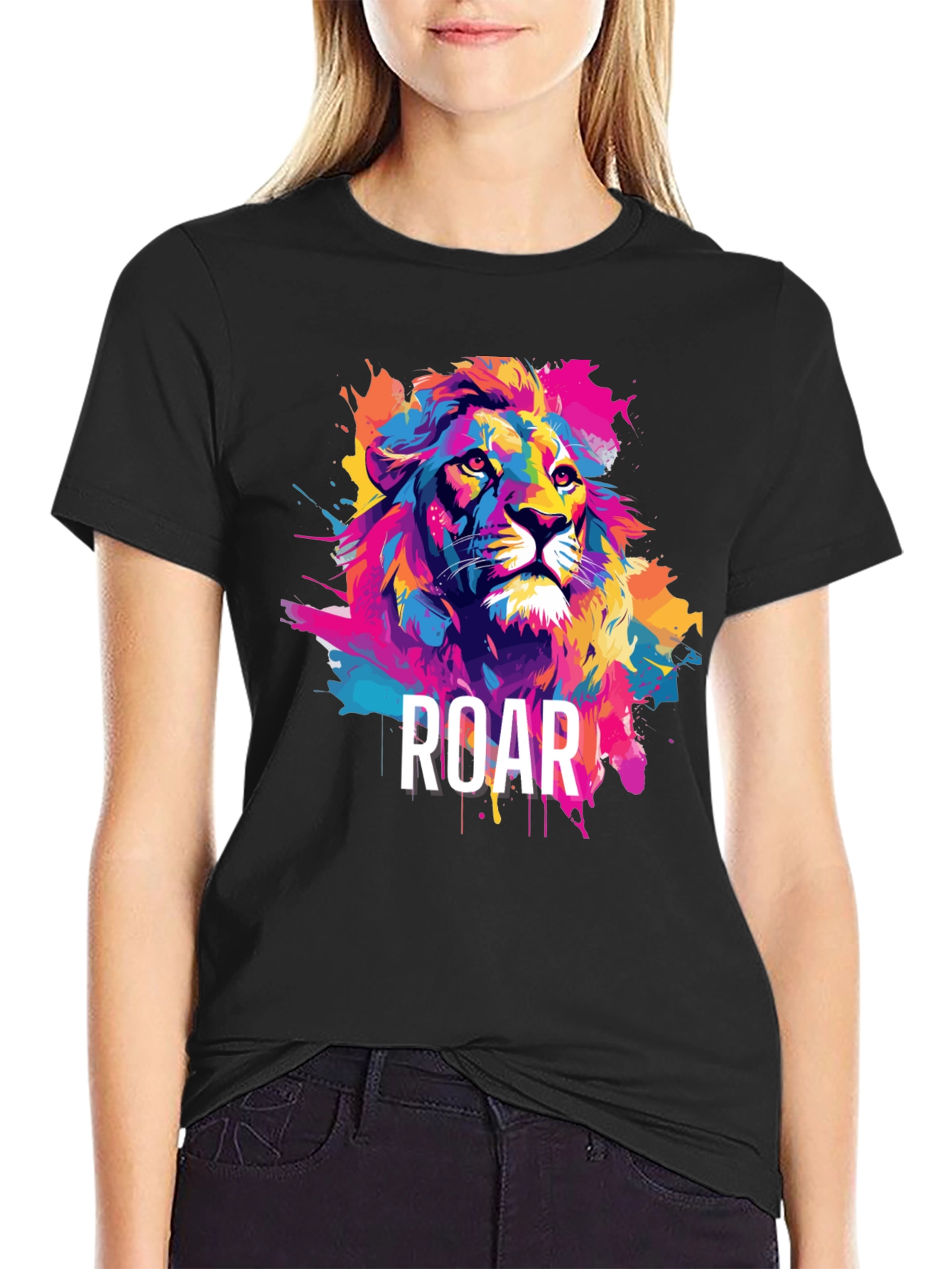 Black Colorful Lion Graphic Tee - ROAR view 2