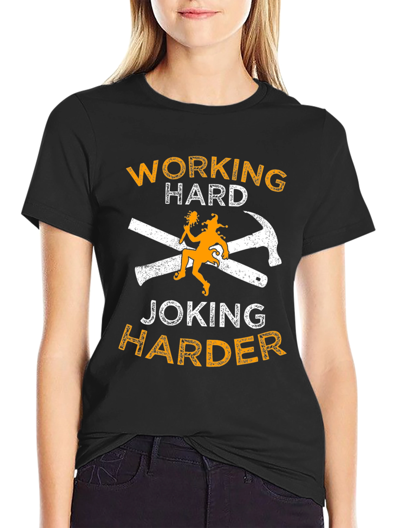 Black Working Hard Joking Harder Graphic T-Shirt view 2