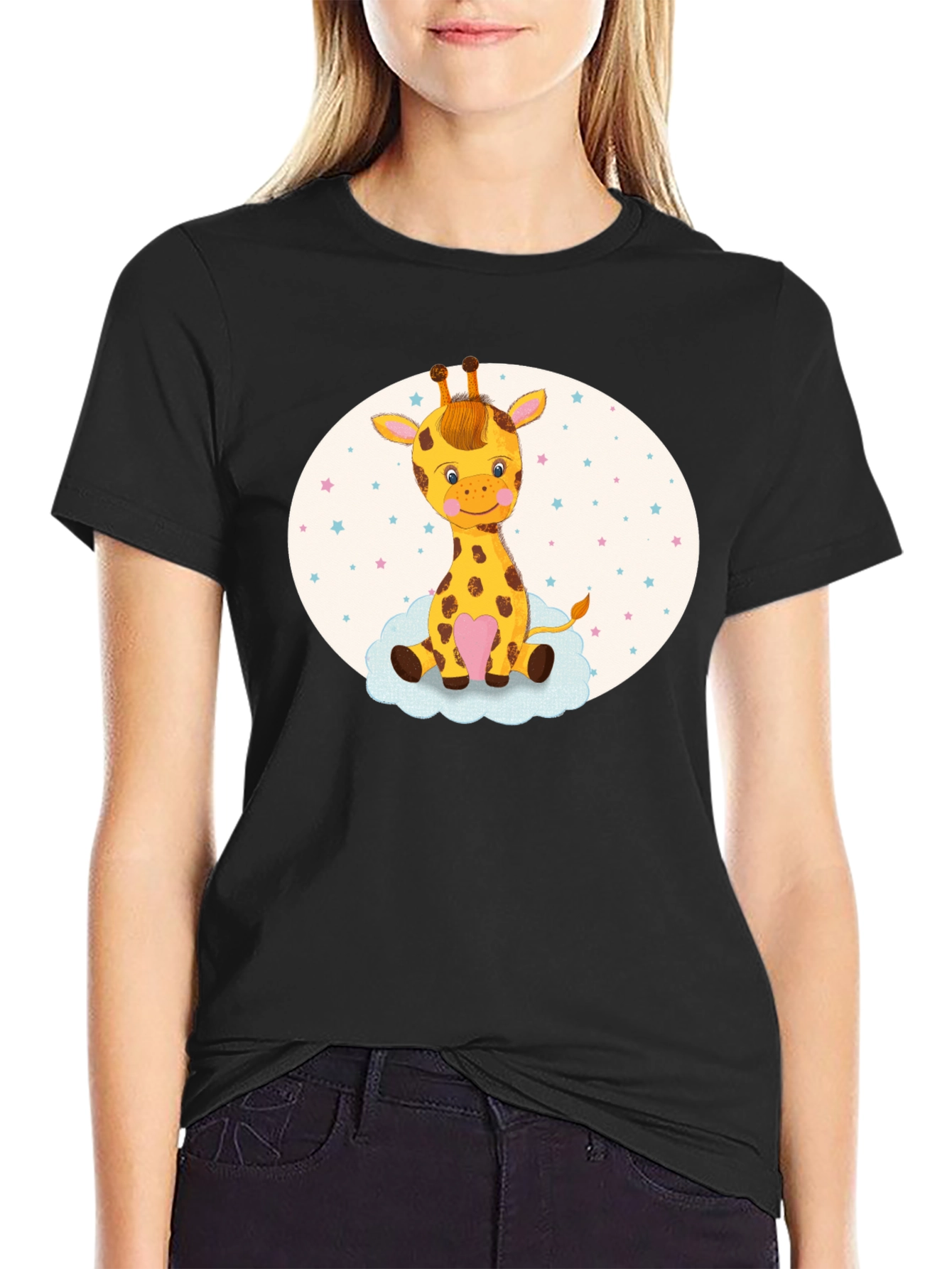 Black Cute Giraffe Tee - Cartoon Animal Graphic view 2