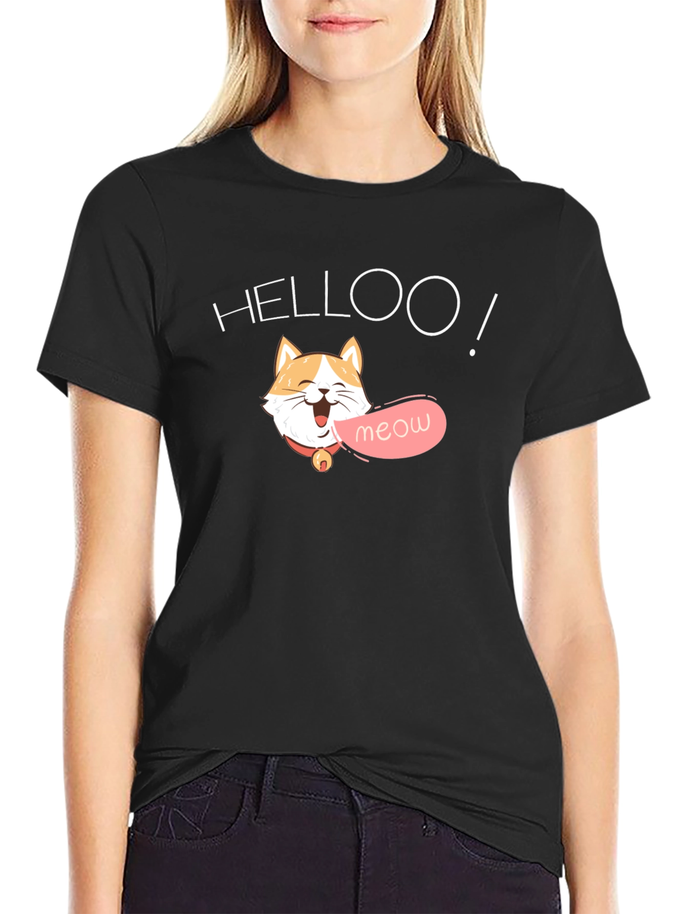 Black Helloo Meow Cat Graphic Tee - Black view 2