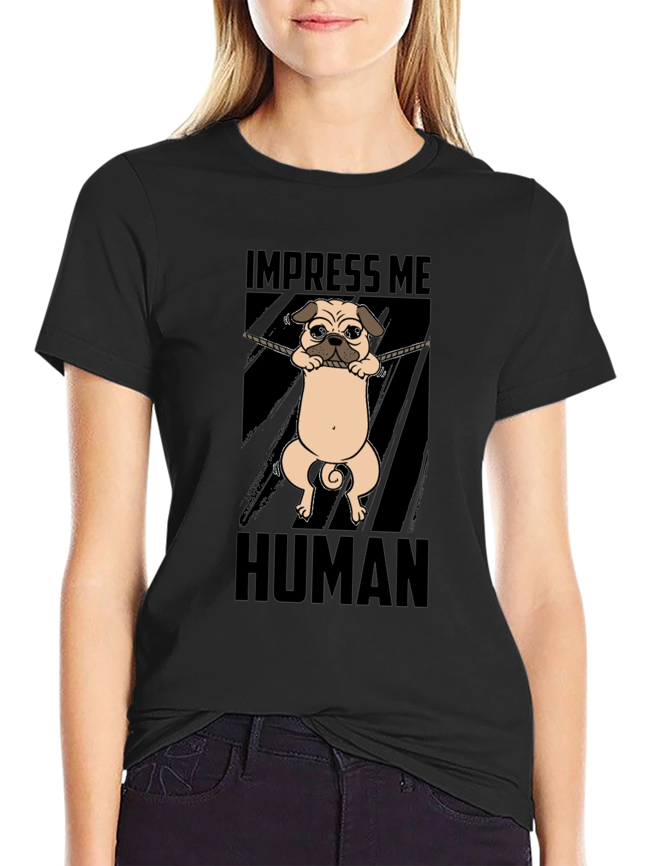 Black Impress Me Human Pug Graphic T-Shirt view 2