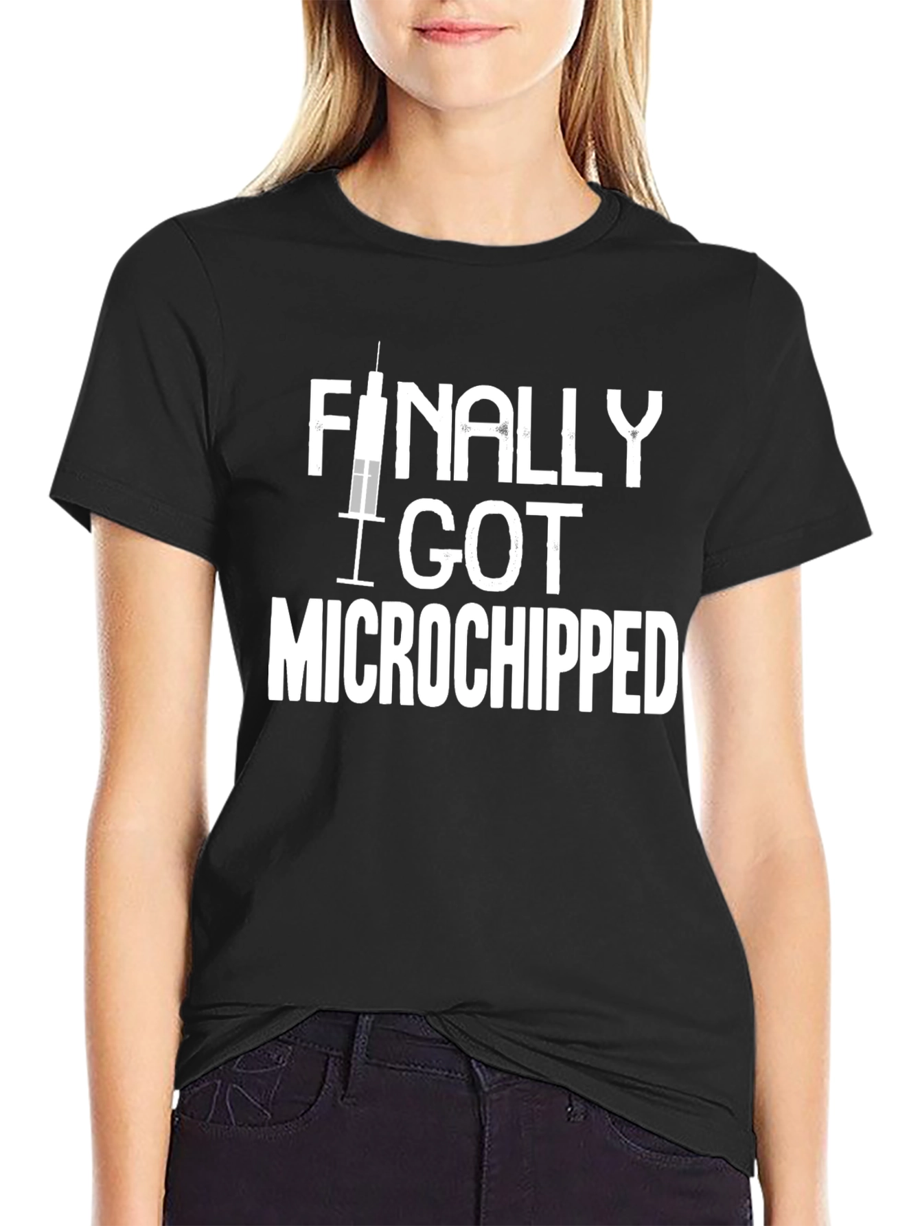 Black Finally Got Microchipped - Novelty T-Shirt view 2