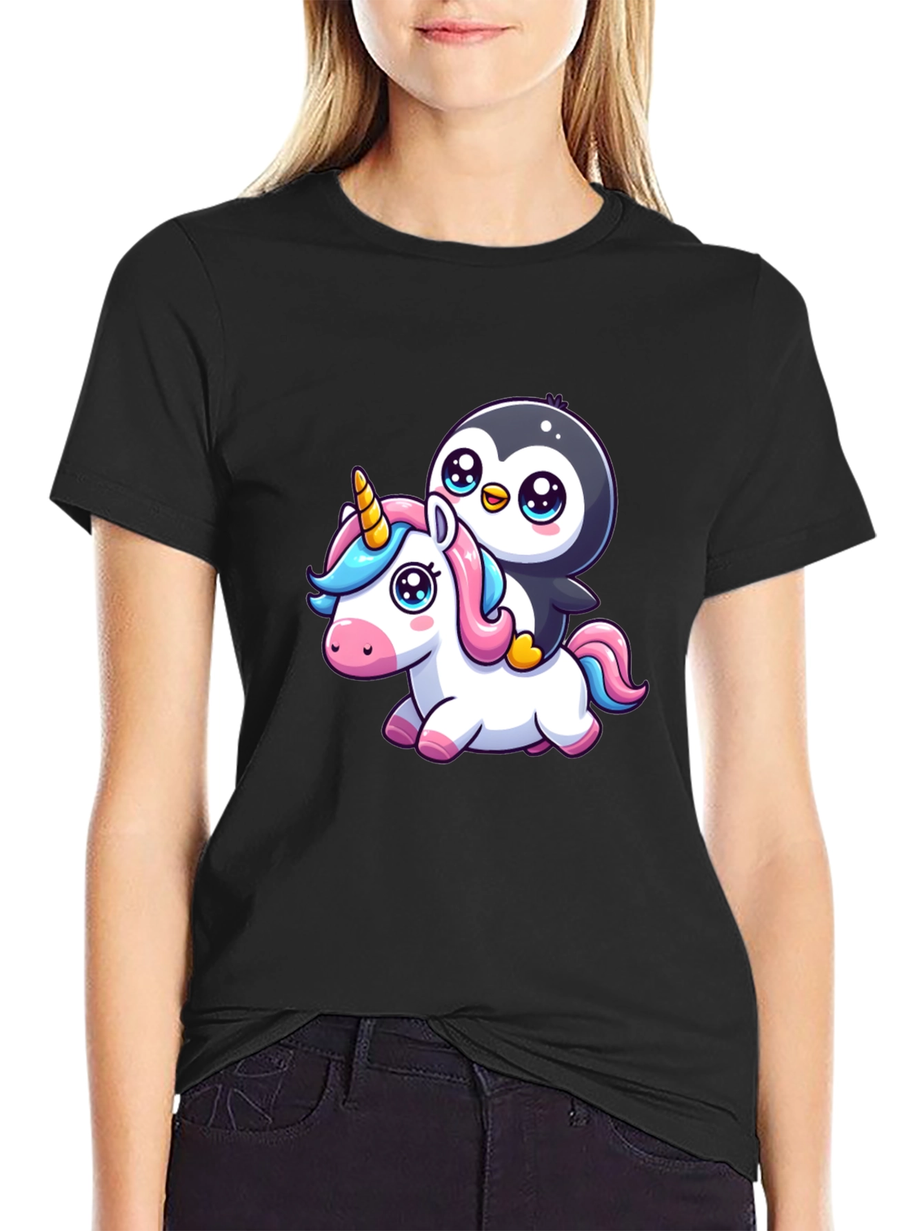Black Penguin Riding Unicorn Graphic Tee view 2