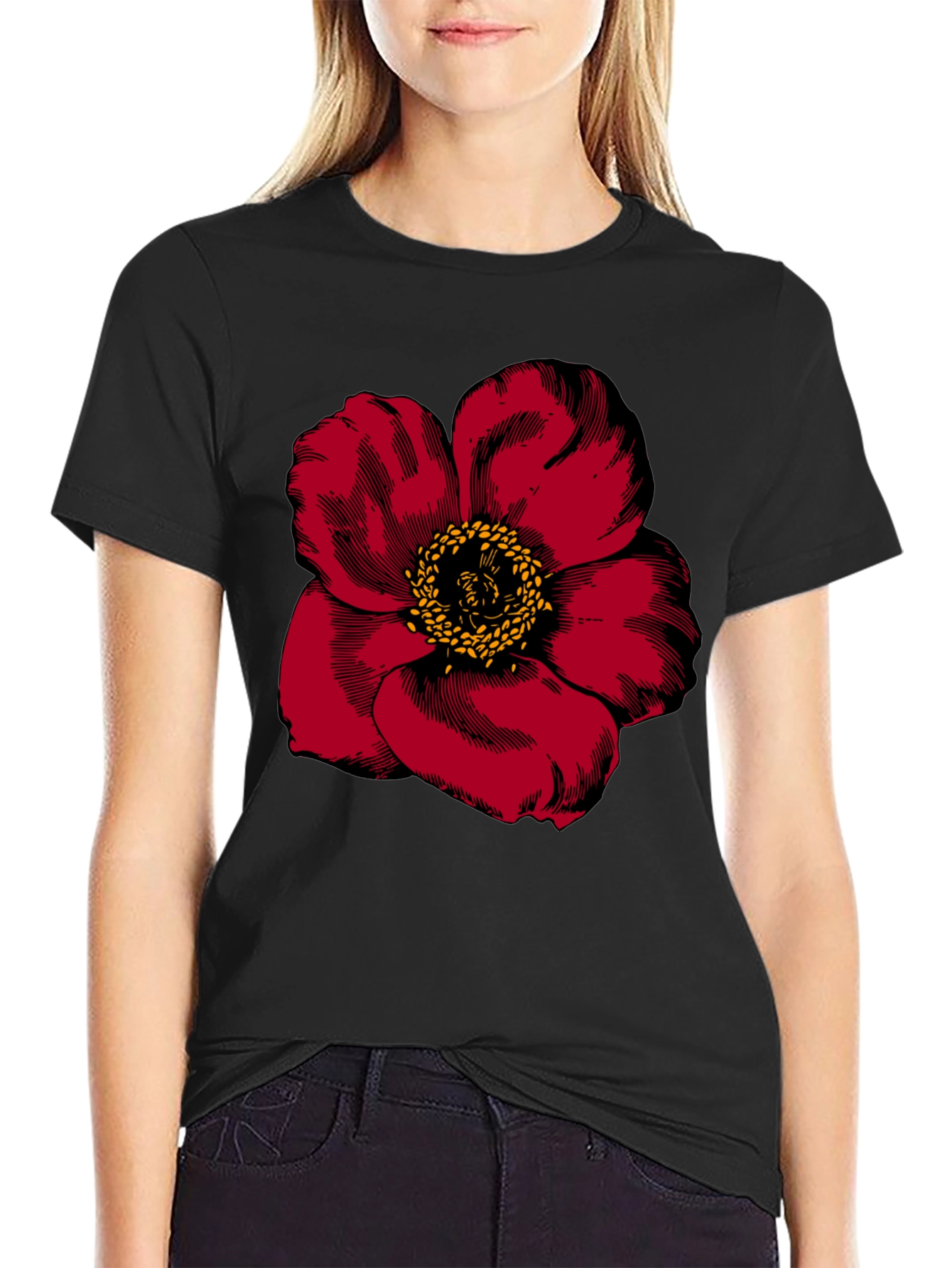 Black Bold Red Flower Graphic Tee - Men's Black T-Shirt view 2