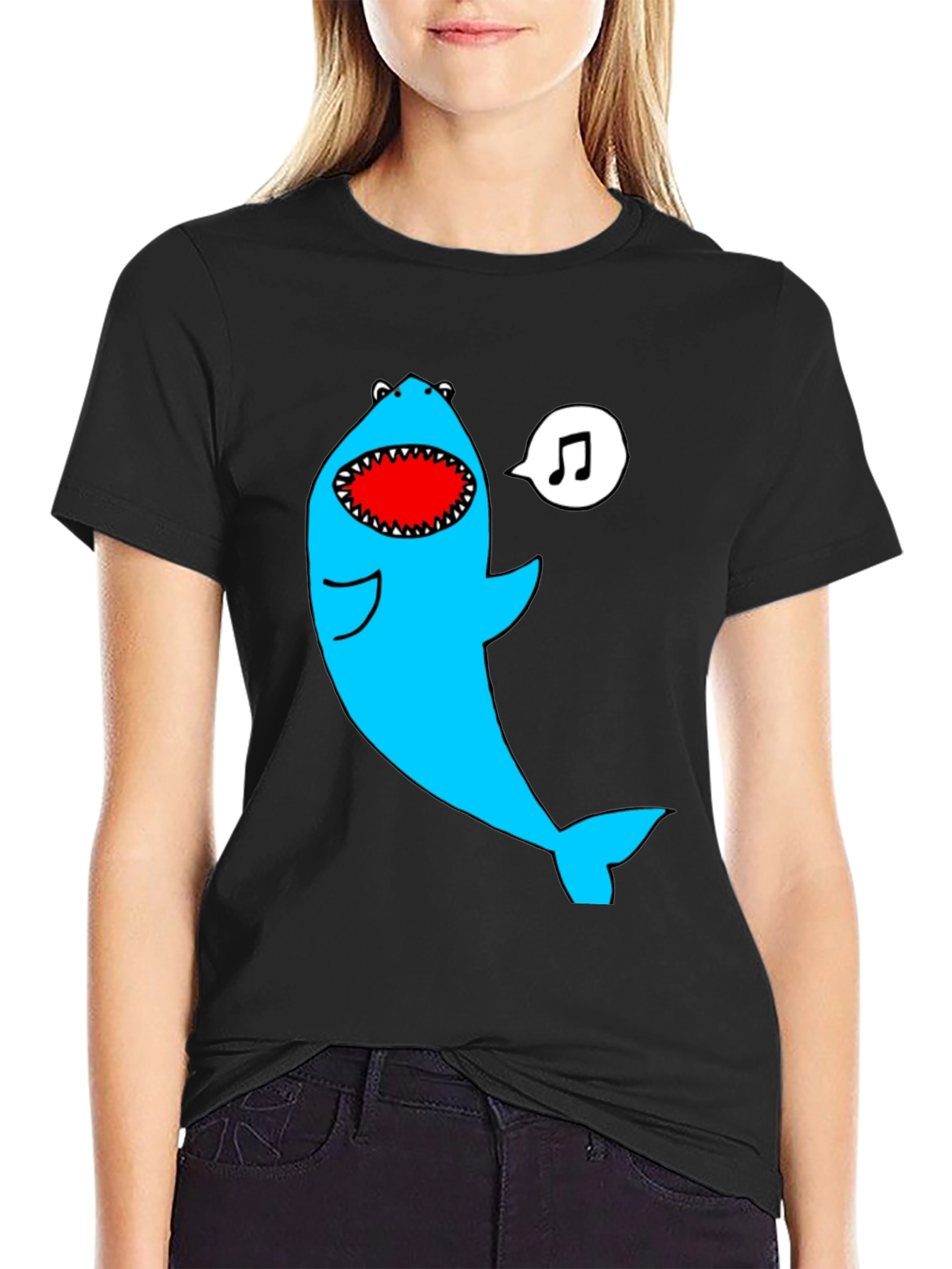 Black Singing Shark Graphic Tee - Black Cotton Blend view 2
