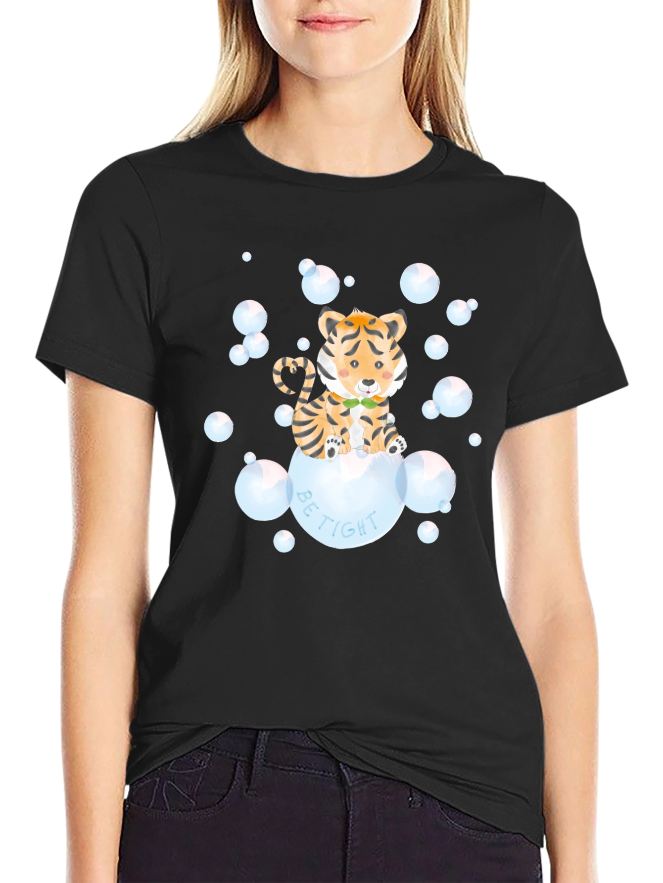 Black Cute Tiger Bubbles Graphic T-Shirt view 2
