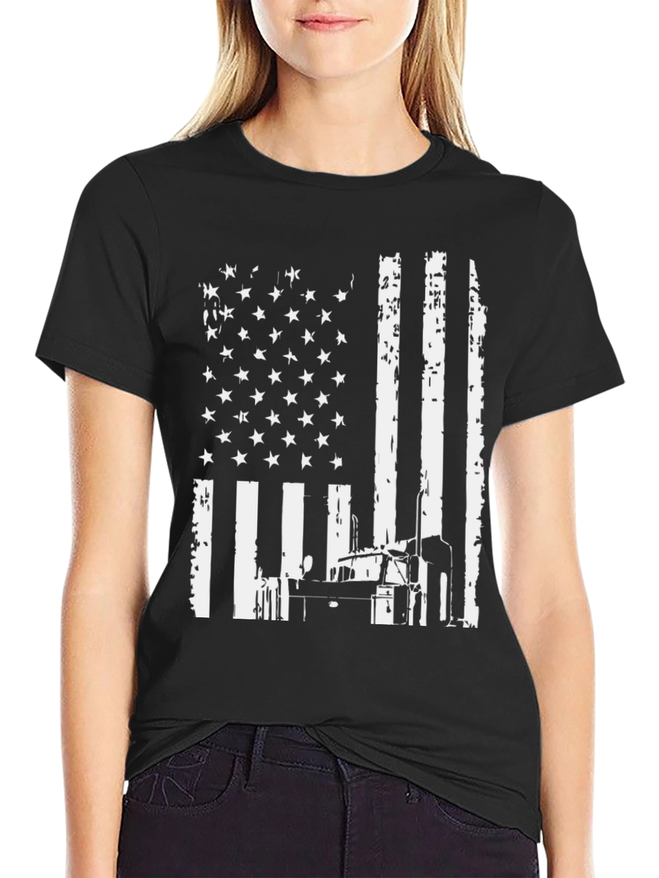 Black American Flag Trucker T-Shirt view 2