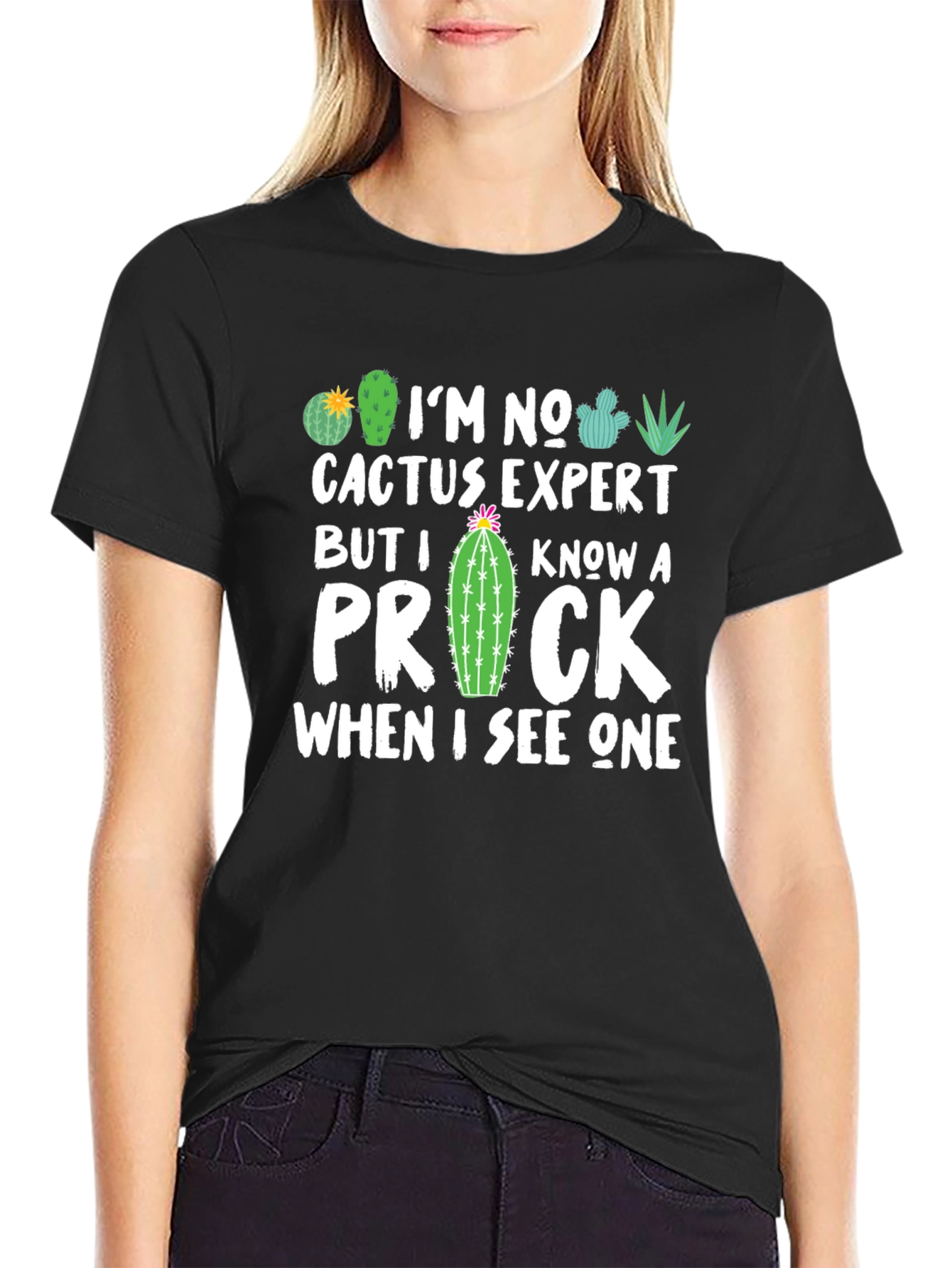 Black Funny Cactus Expert Graphic T-Shirt view 2