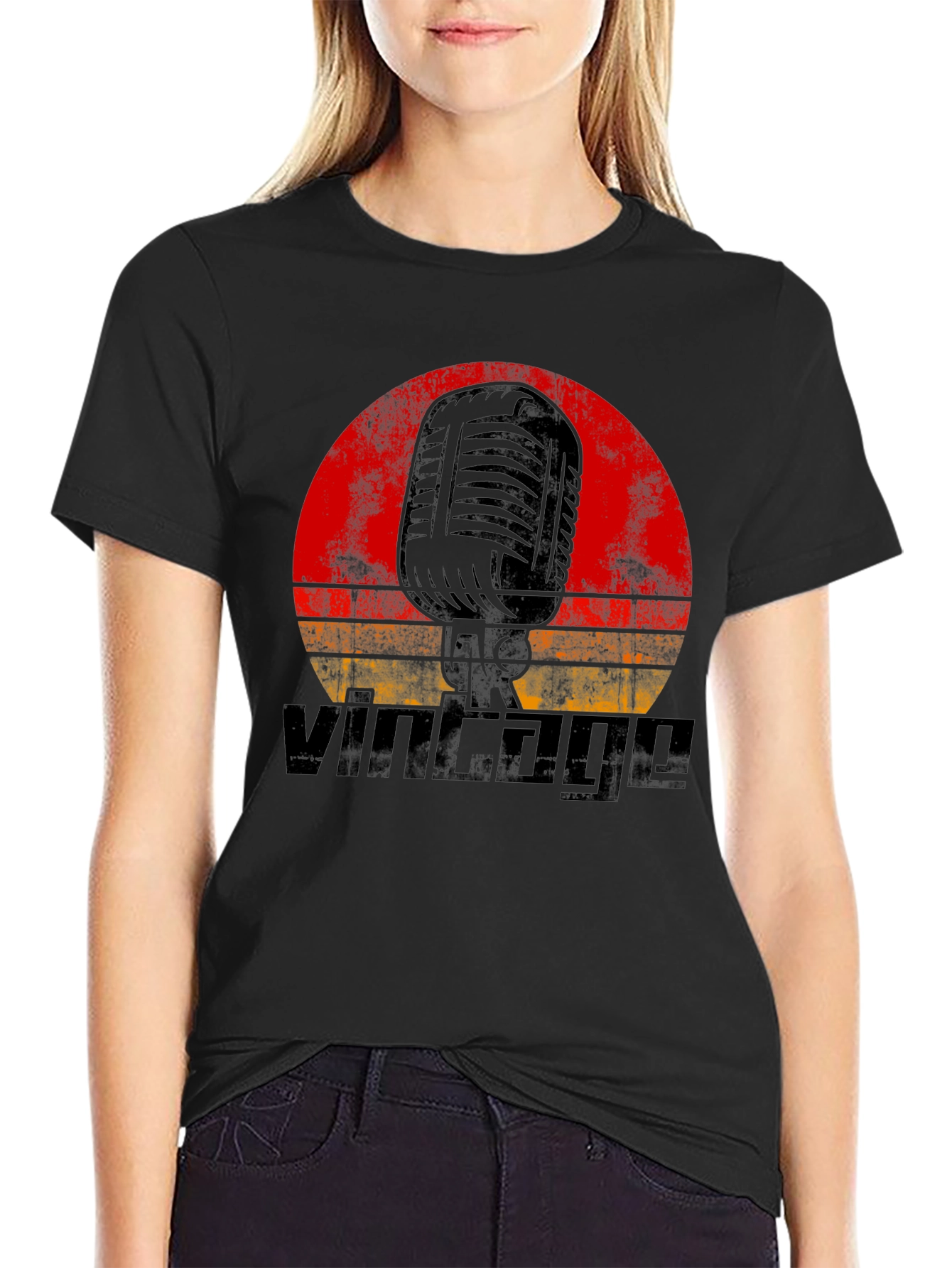 Black Vintage Microphone Graphic T-Shirt - Retro Music Tee view 2