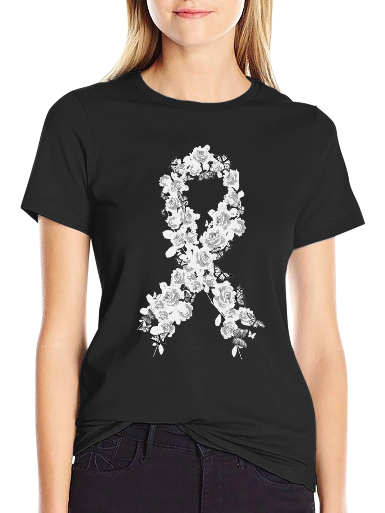 Black Floral Ribbon Graphic Tee - Awareness & Support view 2