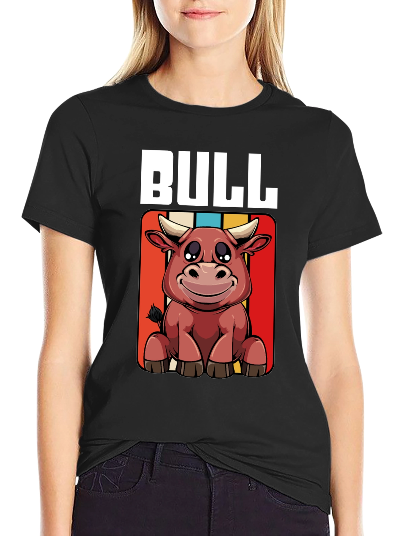 Black Bull Cartoon Graphic Tee - Black Cotton T-Shirt view 2