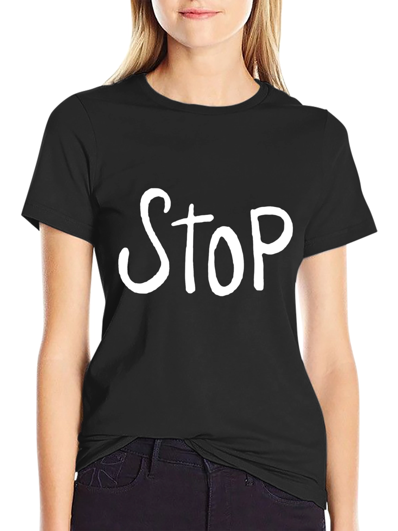 Black STOP Graphic Tee - Trendy Black T-Shirt view 2