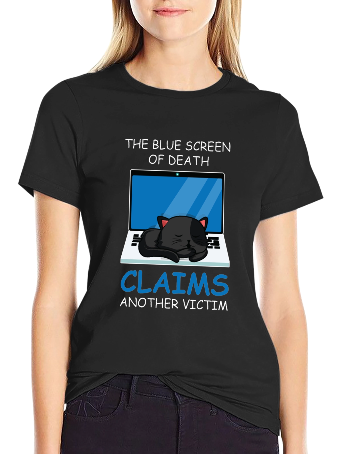 Black Blue Screen Cat T-Shirt - Funny Computer Geek Tee view 2