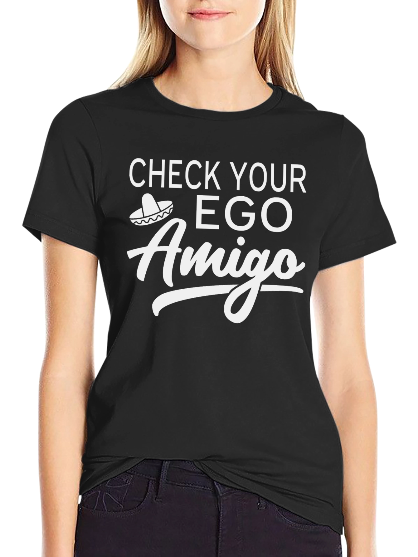 Black Check Your Ego Amigo Graphic T-Shirt view 2