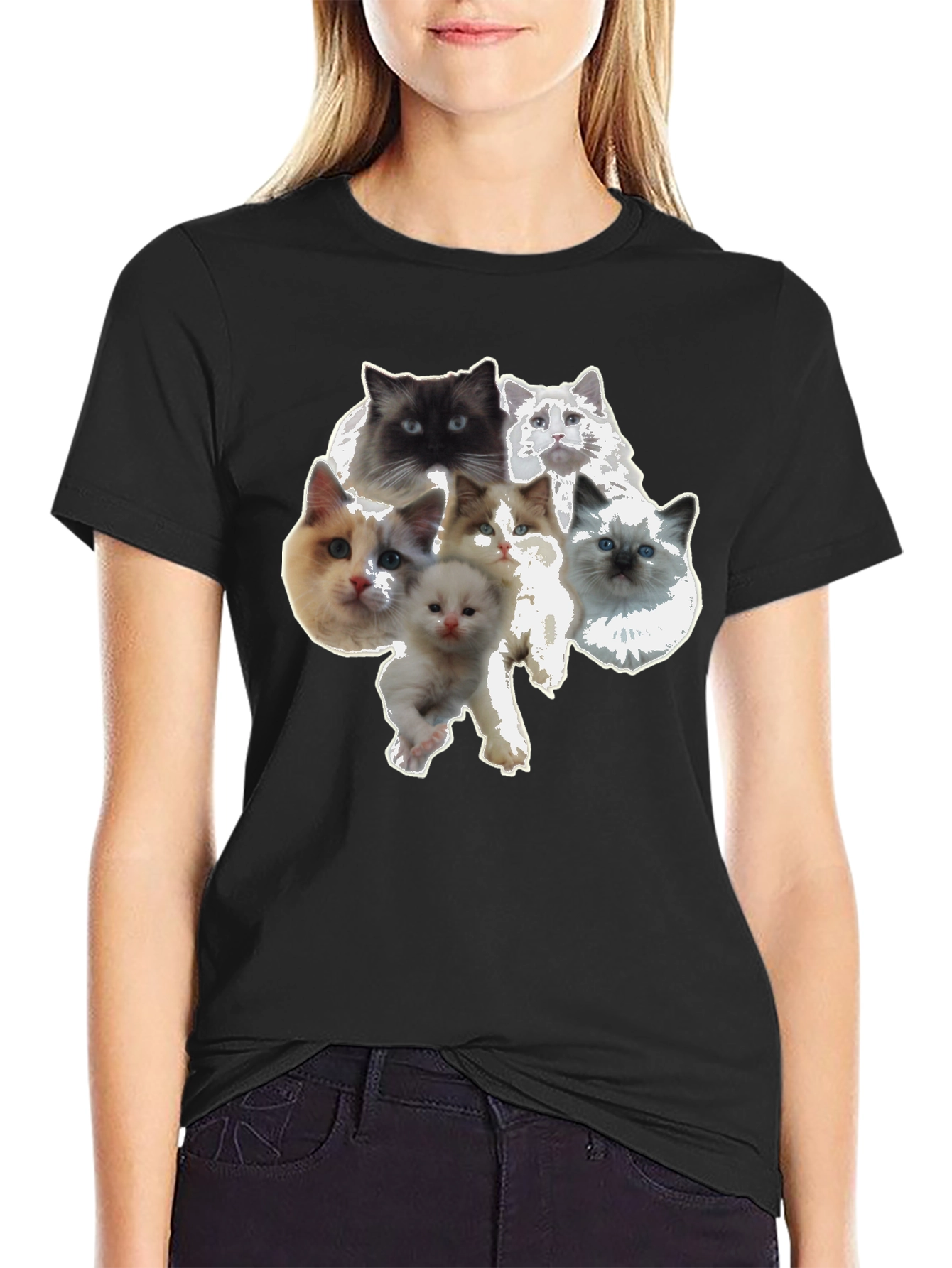 Black Cute Cat Faces Black T-Shirt view 2