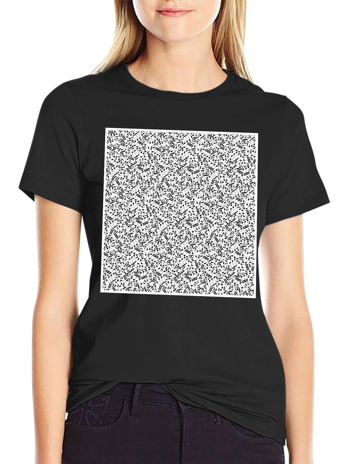 Black Musical Notes Pattern Black T-Shirt view 2