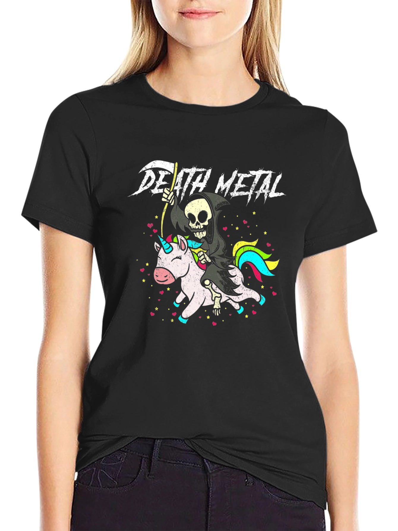 Black Death Metal Grim Reaper Unicorn Graphic T-Shirt view 2