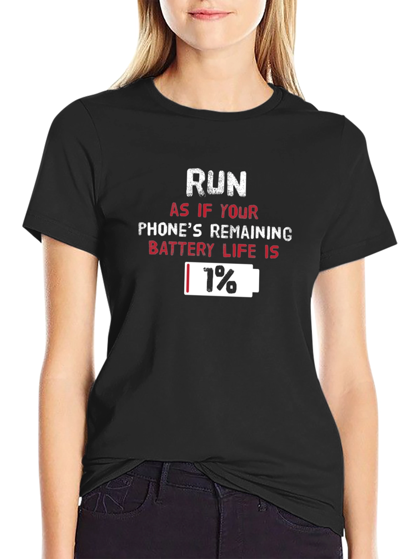 Black Run 1% Battery Life T-Shirt Funny Graphic Tee view 2