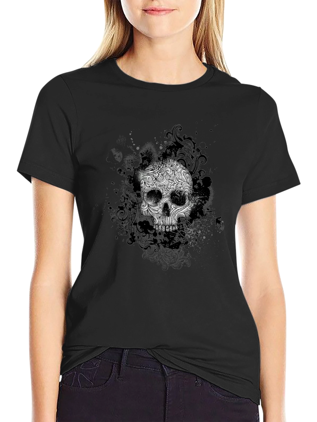 Black Skull Graphic Black T-Shirt - Artistic Design view 2