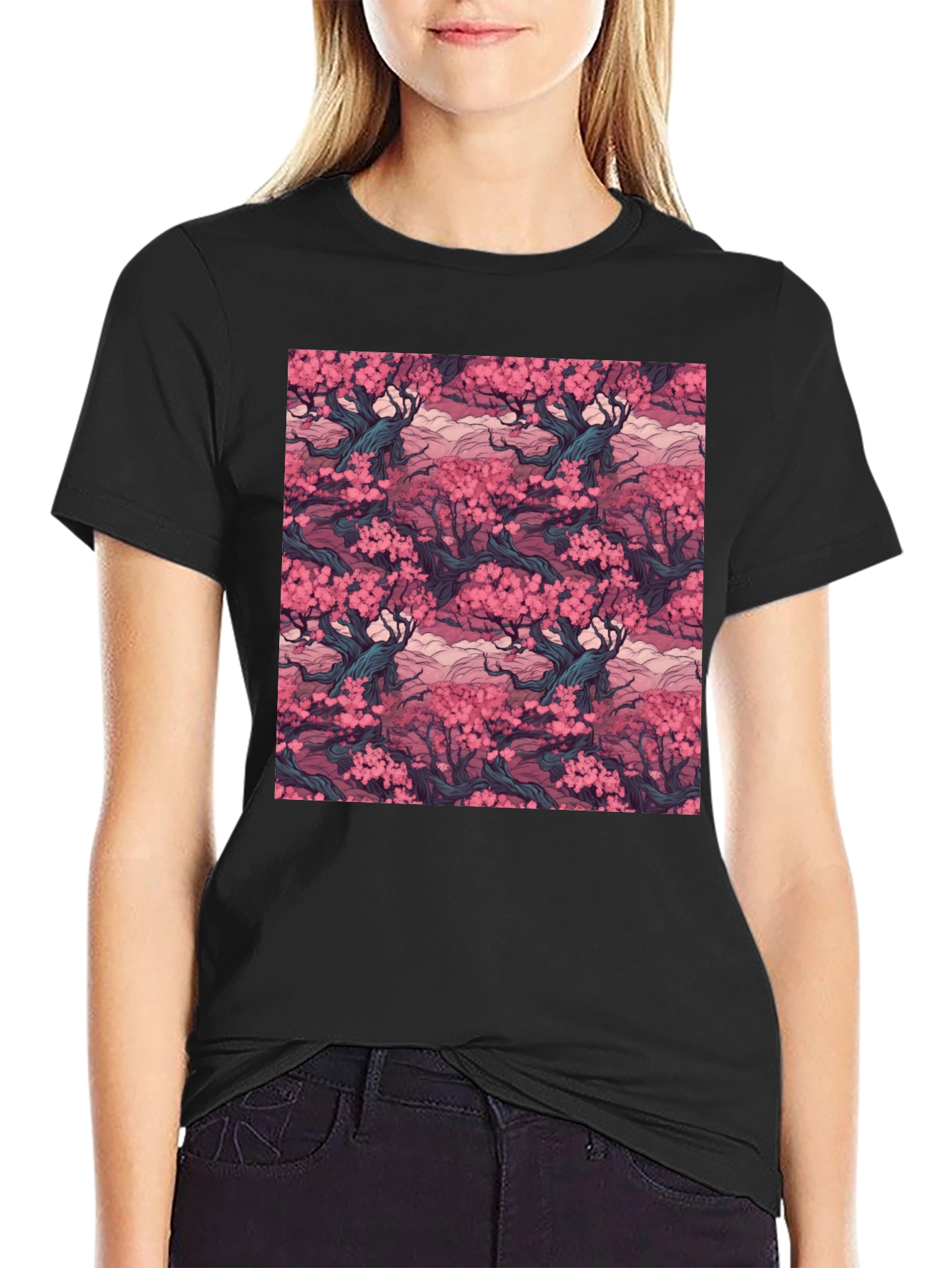 Black Cherry Blossom T-Shirt, Black, Relaxed Fit view 2