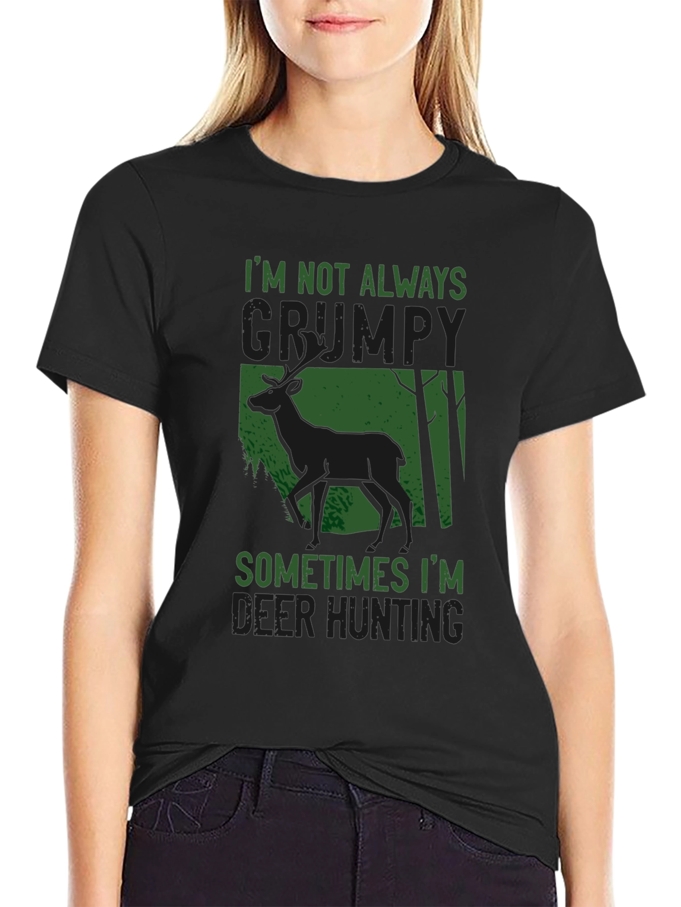 Black Grumpy Deer Hunting T-Shirt: Funny Graphic Tee view 2