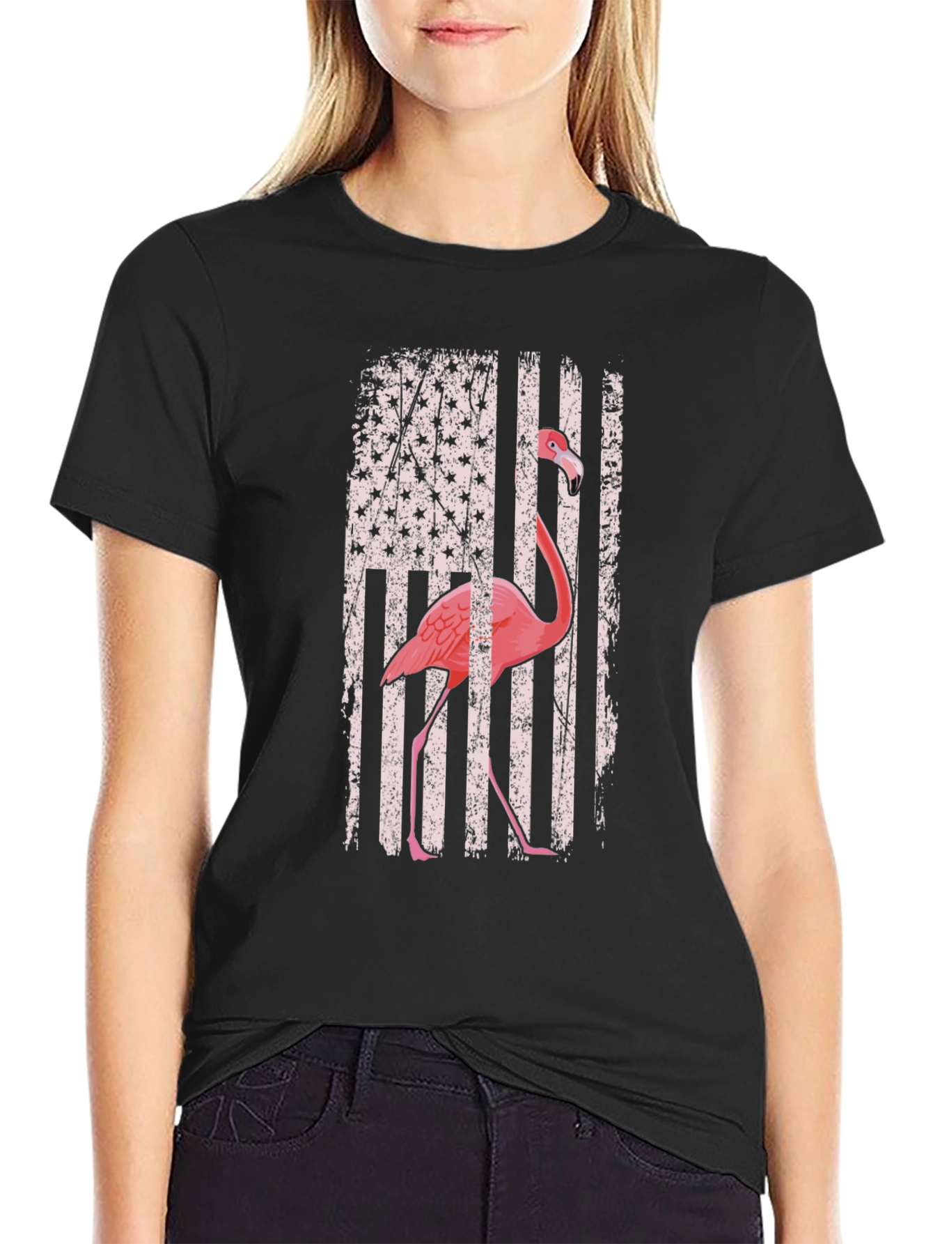 Black Flamingo American Flag Graphic Tee view 2