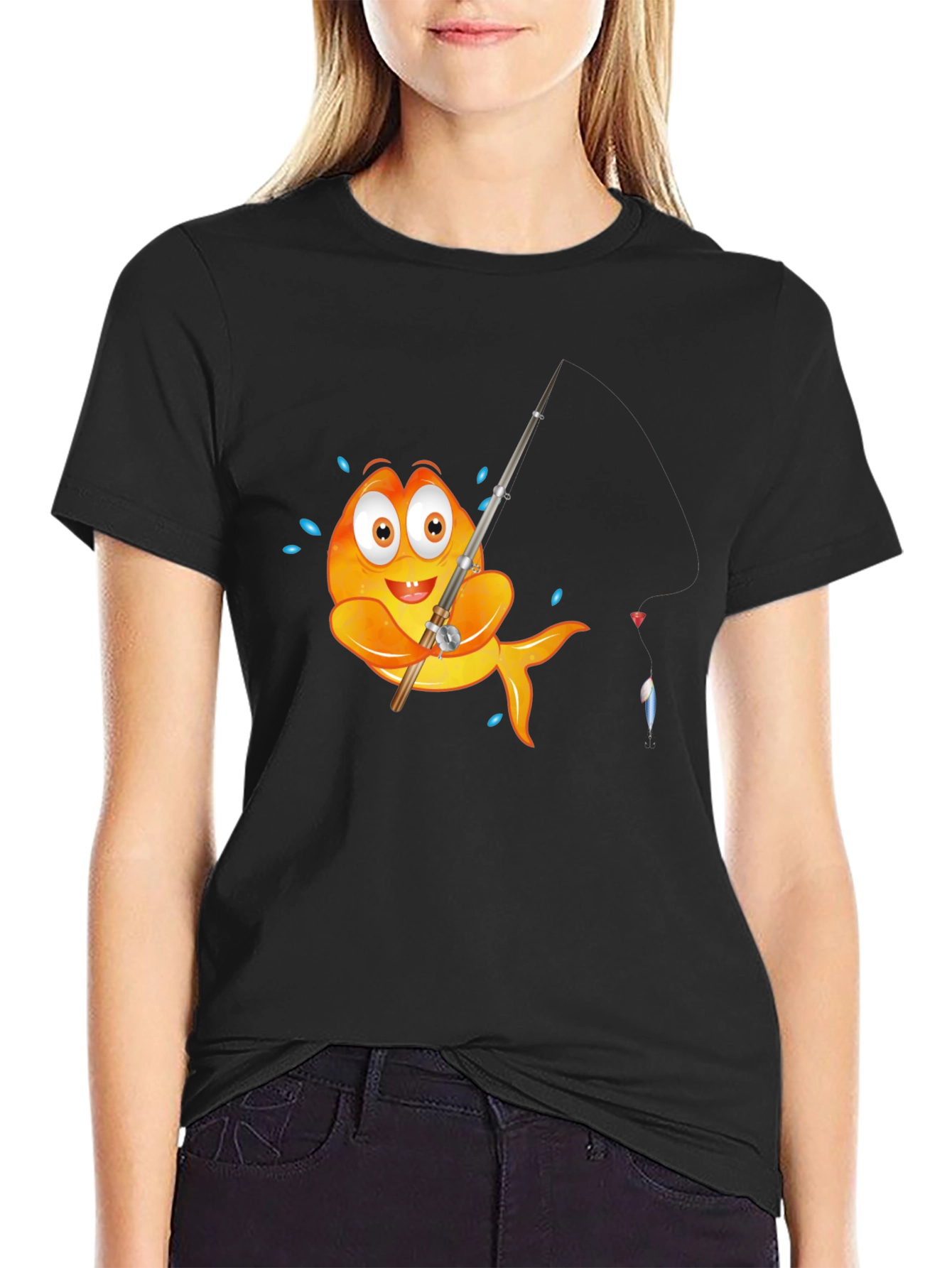 Black Fishing Fish Graphic Tee - Black Cotton T-Shirt view 2