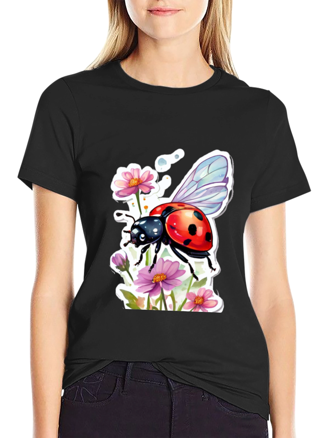 Black Ladybug & Floral Graphic Tee - Trendy Black T-Shirt view 2