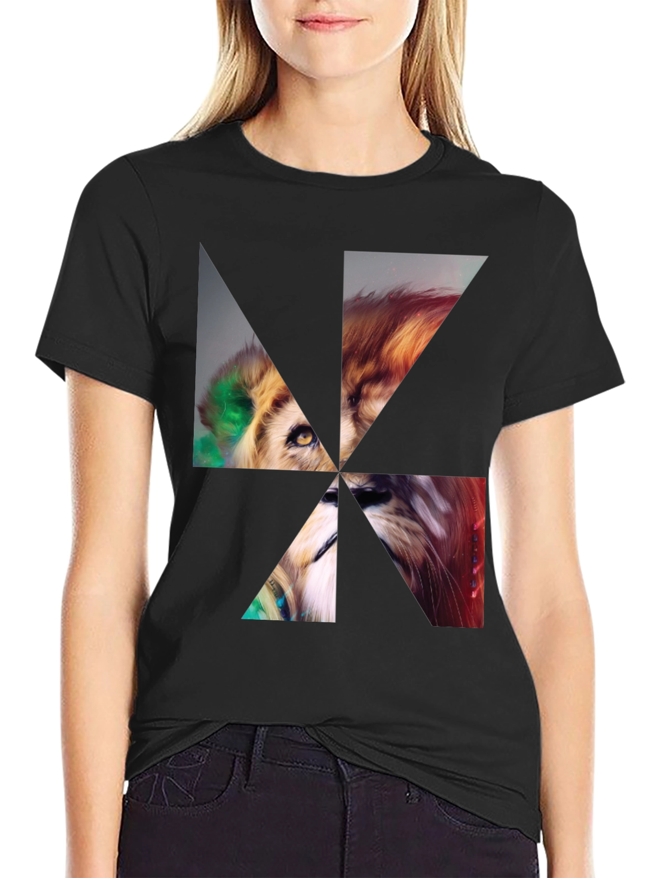 Black Abstract Lion Head Graphic T-Shirt view 2