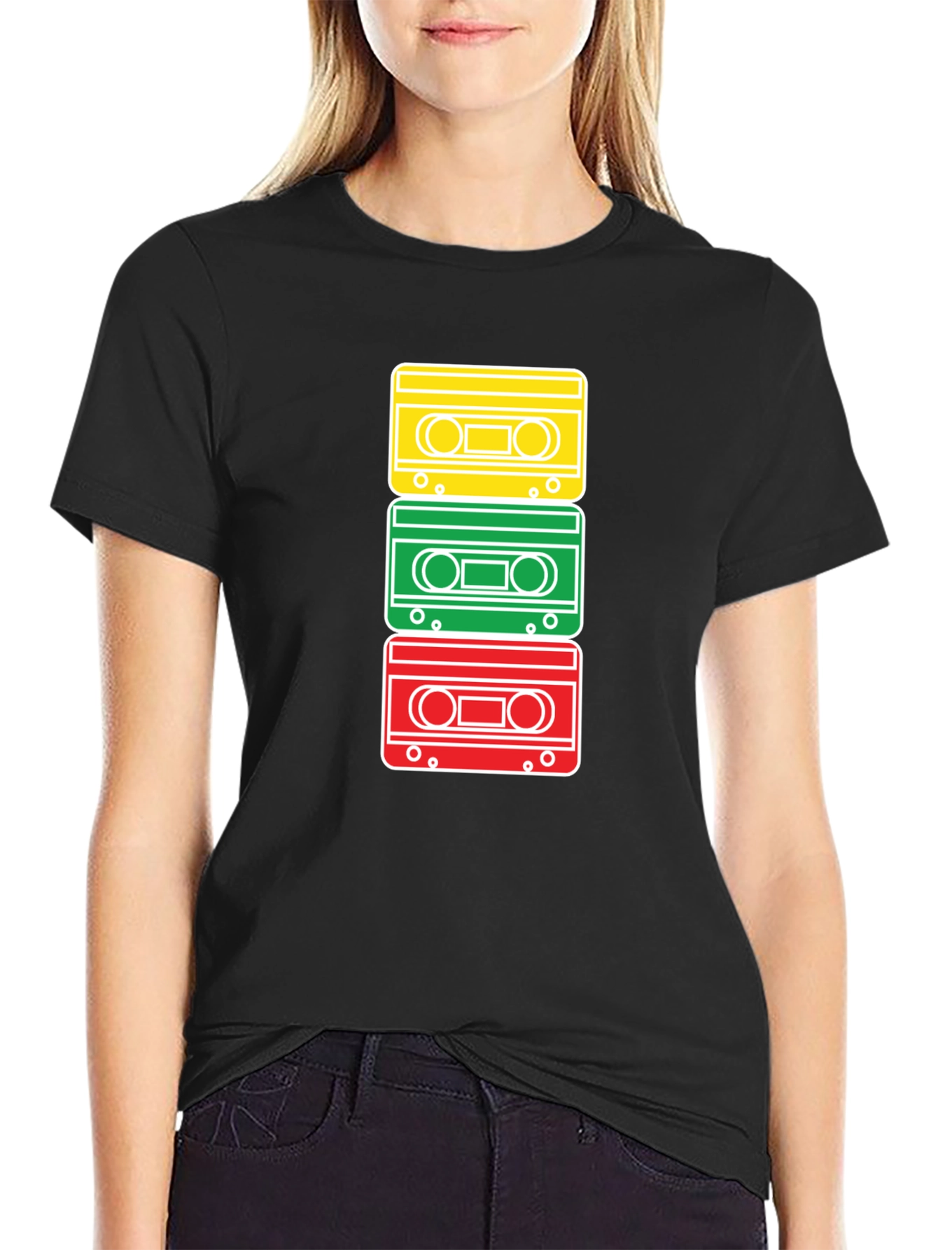 Black Retro Cassette Tape Stack Graphic T-Shirt view 2