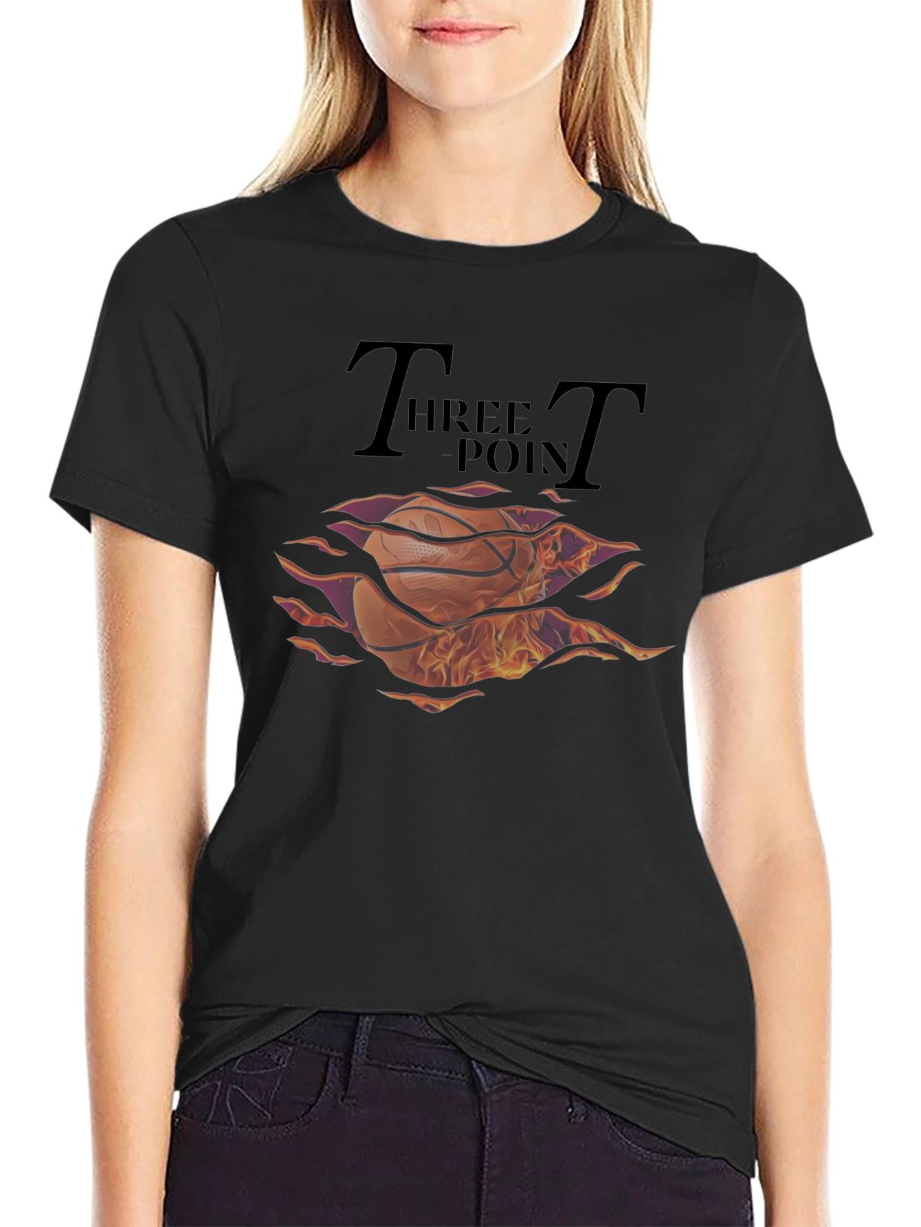 Black Flaming Basketball Three Point T-Shirt view 2