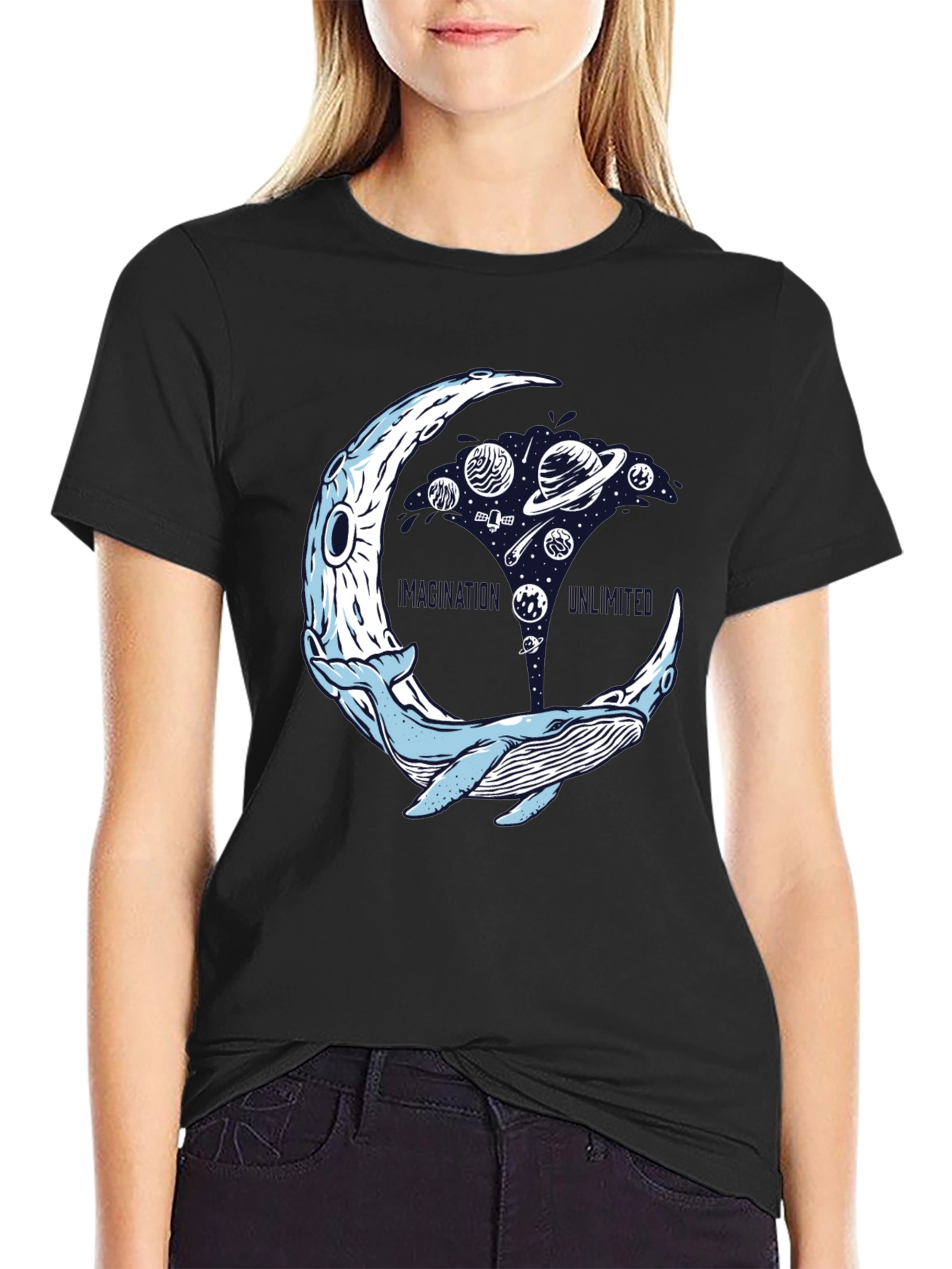 Black Cosmic Whale T-Shirt - Space Moon view 2